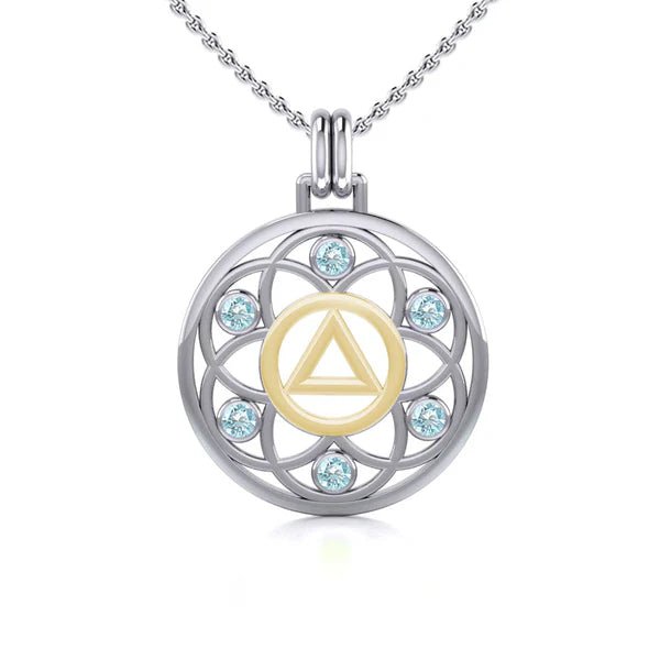 Flower of Life Sterling Silver & 14K Gold Accent Recovery Pendant with AA or NA Symbol & Genuine Gemstone - Spiritual Jewelry for Addiction Recovery & 12-Step Programs