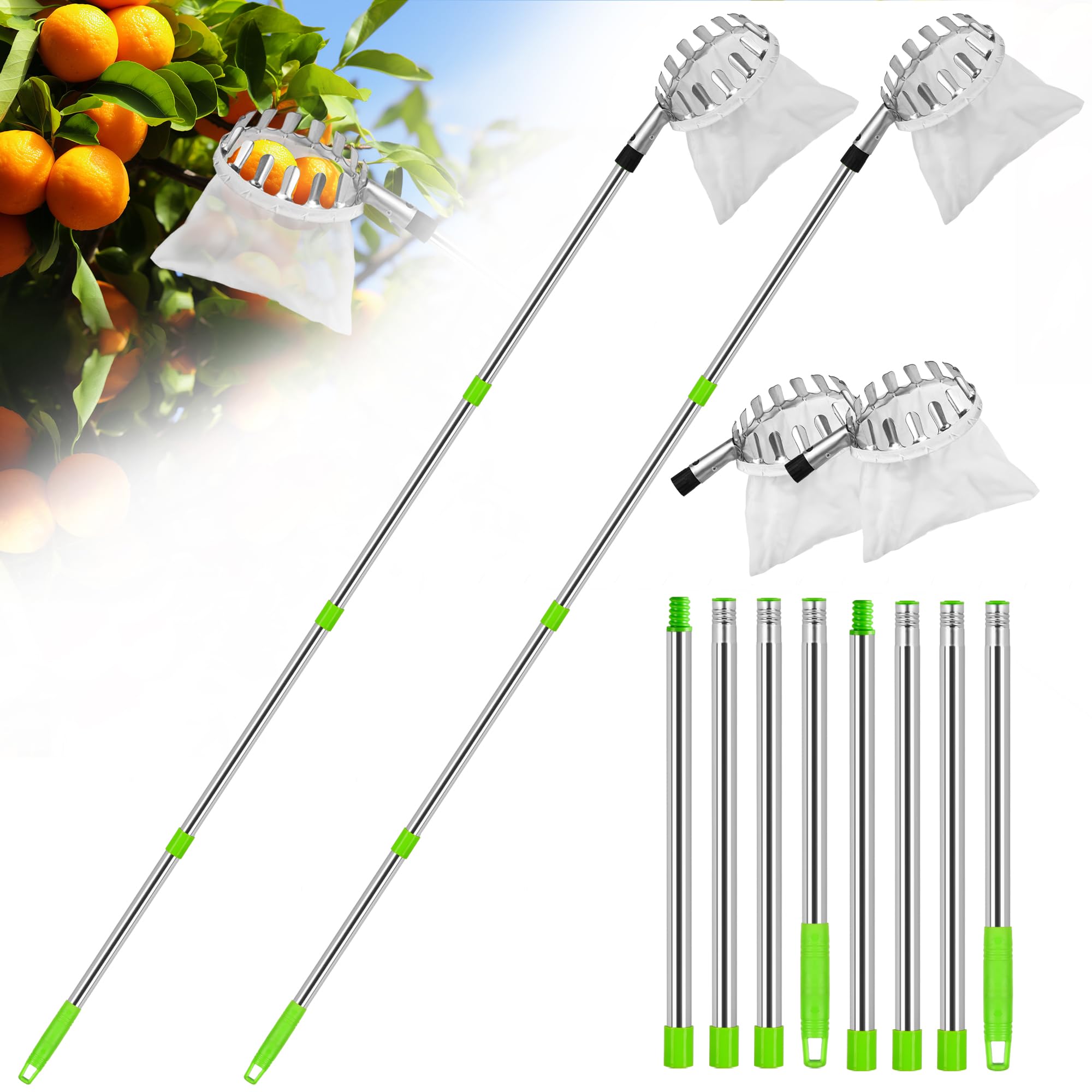Stainless Steel Fruit Picker Tool with Fabric Bag - Lightweight Apple Harvester, Easy Assemble Fruit Grabber for Orchard & Garden Harvesting (2-Pack) - Perfect for Home Gardeners & Commercial Fruit Picking