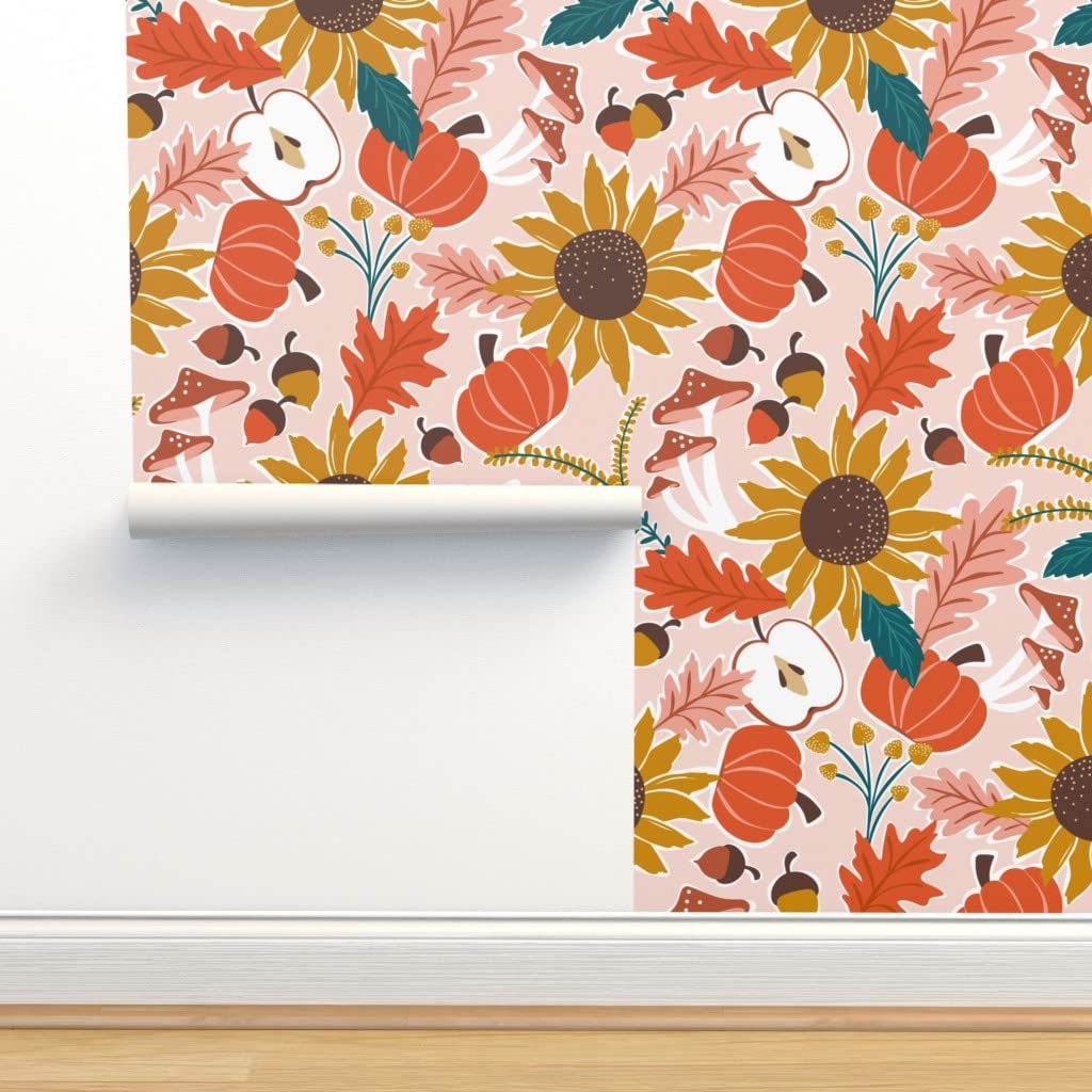 Removable Wallpaper 12ft x 2ft - Autumn Leaves Botanical Pink Floral Peel and Stick Wallpaper for Bedroom, Nursery, or Living Room Decor | Easy to Apply & Remove