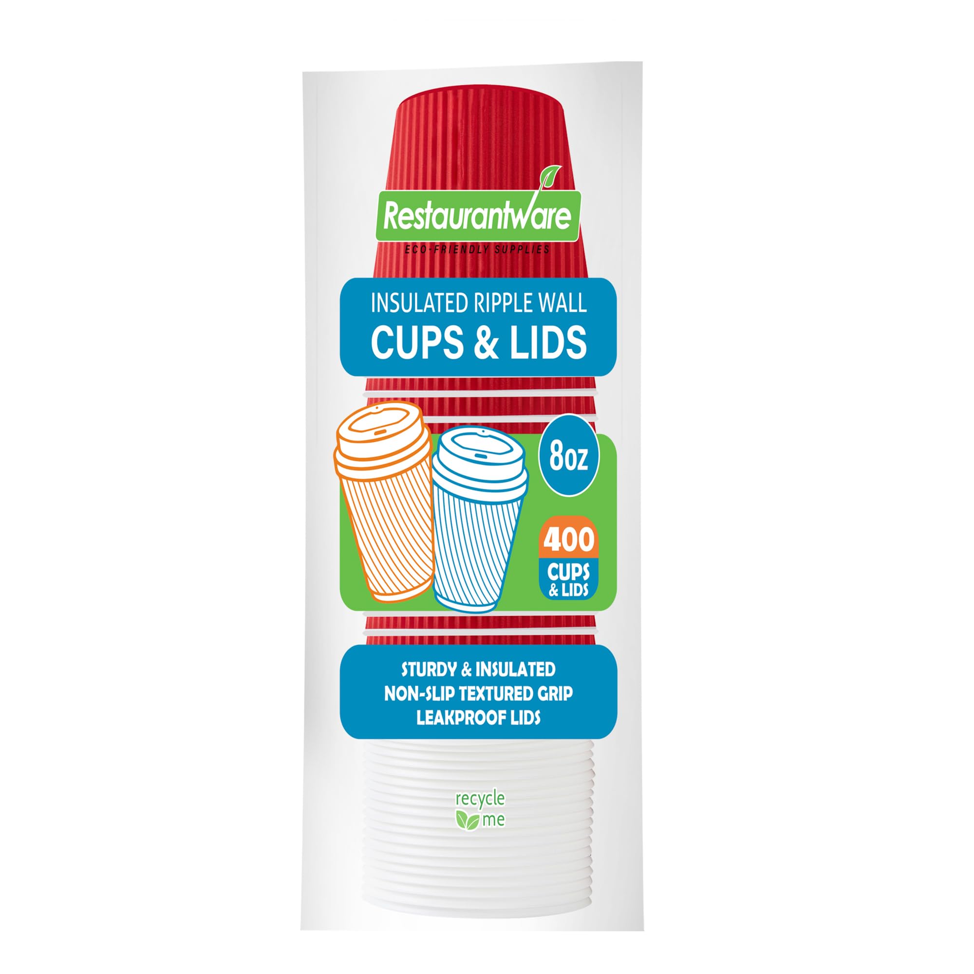 8oz Insulated Coffee Cups with Lids - 400 Pack Leakproof Disposable Hot Cups for Tea, Hot Cocoa & Lattes | Restaurantware Commercial-Grade Red Paper Cups with Non-Slip Ripple Wall Design | Perfect for Coffee Shops, Offices & Catering Events