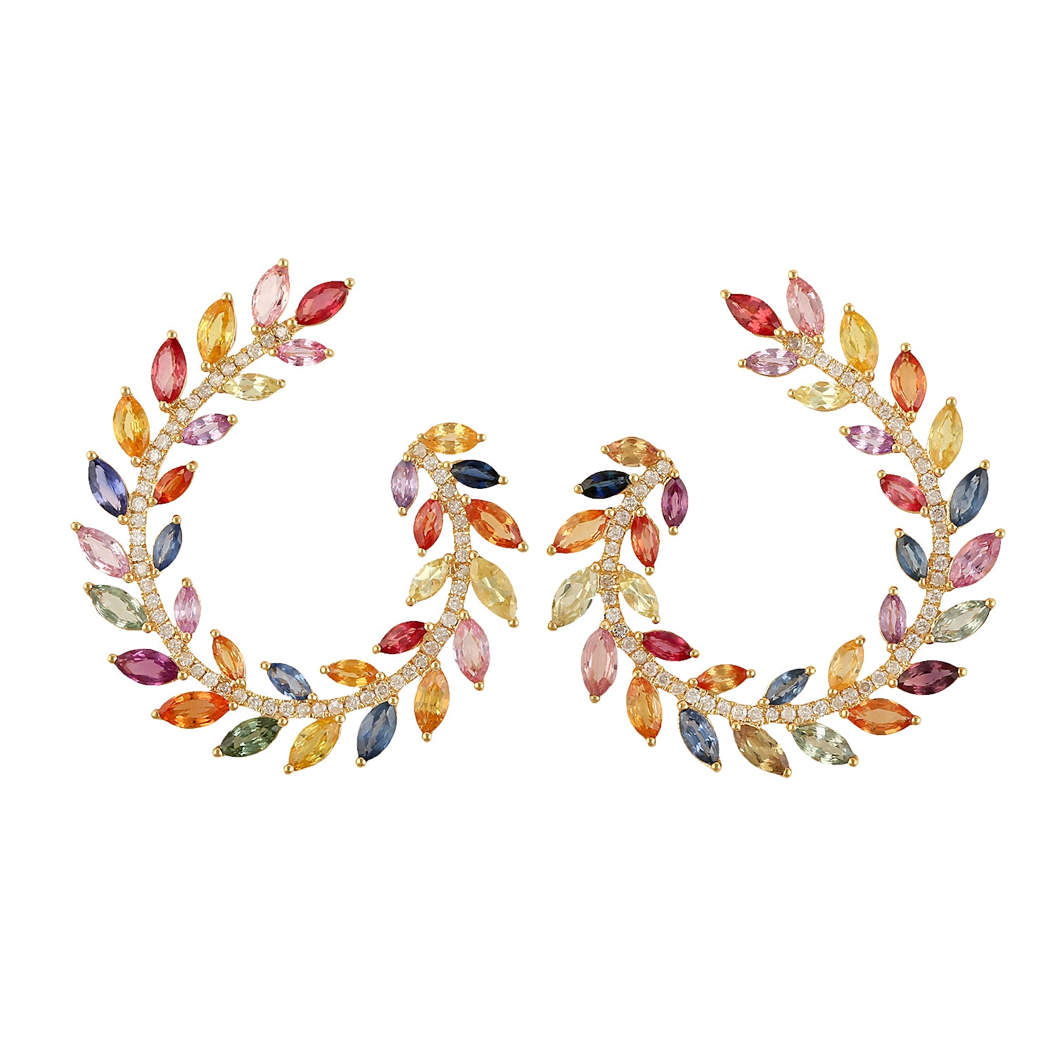 Marquise Cut Multicolor Sapphire Pave Diamond Open Hoop Earrings in 14K Gold - Elegant Jewelry for Weddings, Parties & Special Occasions