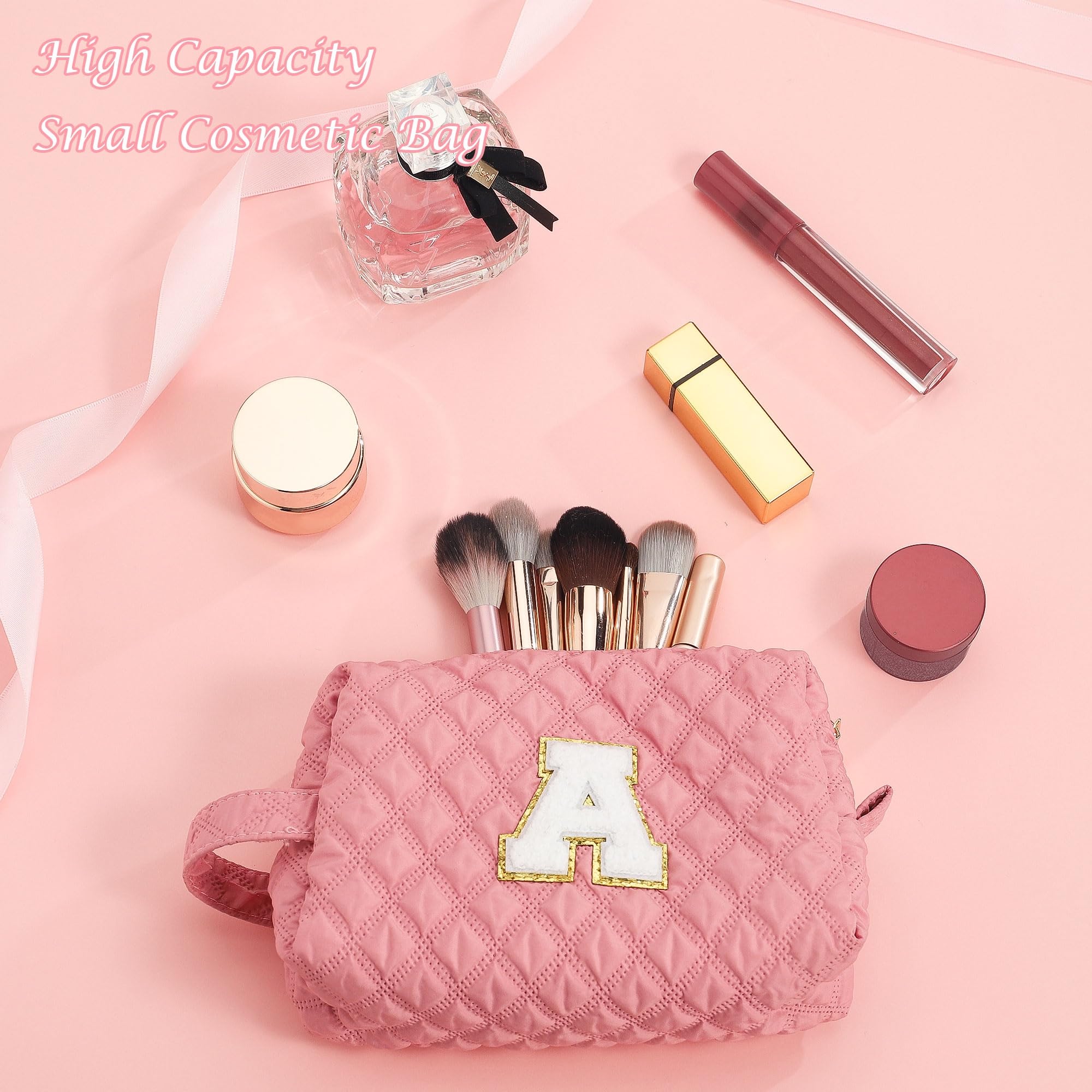 YOOLIFE Easter Makeup Bag for Girls - Small Cosmetic Pouch for Teens & Women, Cute Travel Toiletry Bag with Pink Letter A Design - Perfect Birthday Gift for 5-12 Year Old Girls, Daughter or Sister - Great for School, Travel & Sleepovers