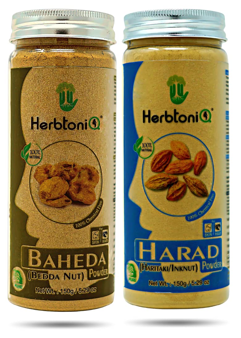 HerbtoniQ 100% Natural Baheda & Harad Powder for Dandruff Treatment, Frizzy Hair Repair & Damaged Hair Care - 300g Ayurvedic Hair Care Solution for Stronger, Healthier Hair - Perfect for Daily Hair Routine & Scalp Treatment