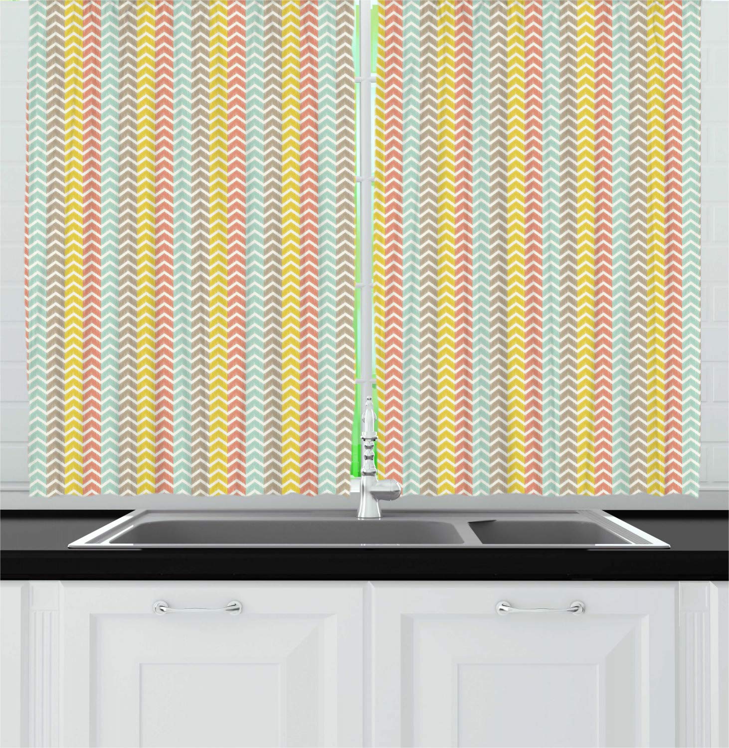 Ambesonne Chevron Kitchen Curtains - Herringbone Zigzag Pattern with Colorful Painted Background, 2 Panel Set for Windows (55