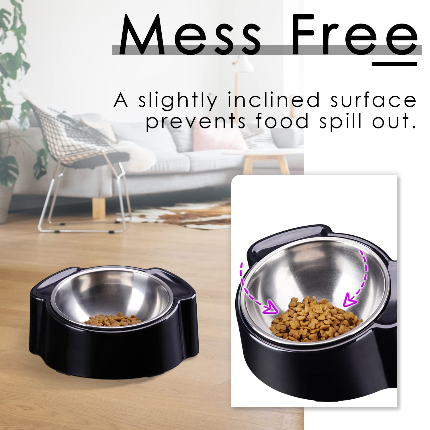 15° Slanted Stainless Steel Elevated Dog Bowl - Spill Proof Tilted Pet Food Dish for Small Dogs & French Bulldogs - Perfect for Messy Eaters & Pets with Neck Pain (Black) - Ideal for Home, Travel & Outdoor Use