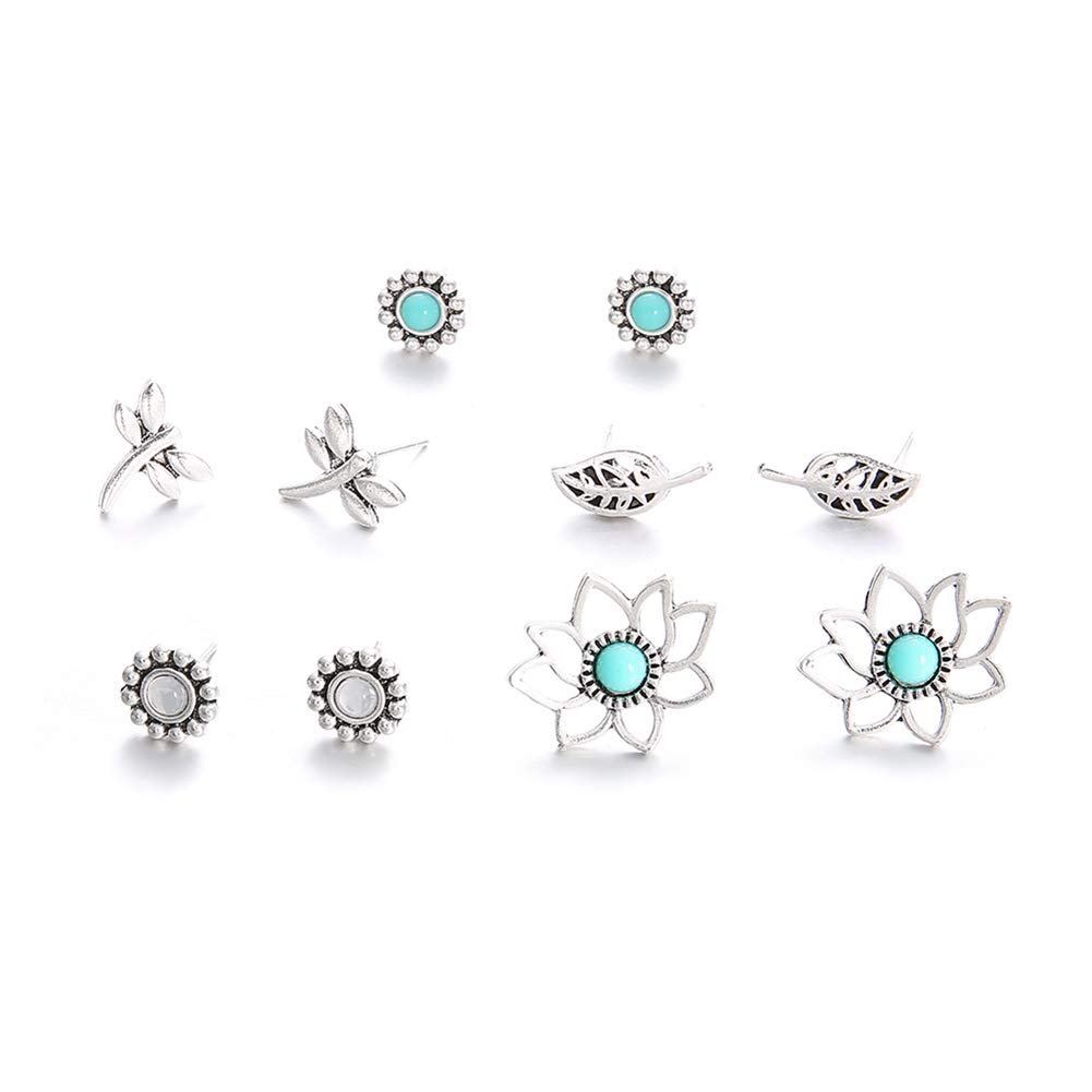 Dragonfly & Floral Earrings Set - 5 Pairs Hollow Leaf Stud Earrings for Women & Girls | Valentines Gift, Date Night, Party Jewelry | Silver Tone Fashion Accessories