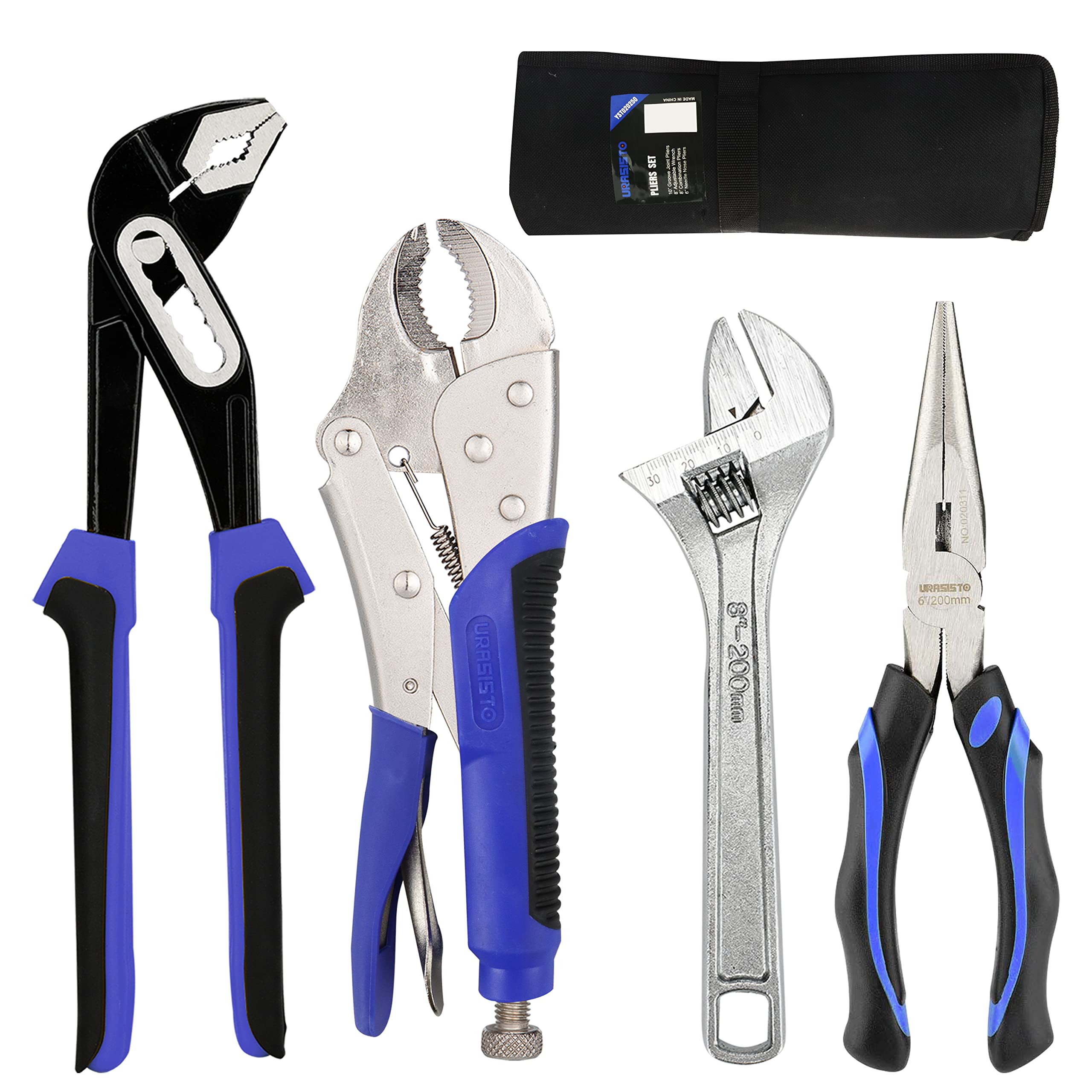 URASISTO 4-Piece Professional Pliers Set - Groove Joint, Long Nose, Diagonal Cutting & Locking Pliers with Adjustable Wrench - Heavy Duty Home Repair Tool Kit for DIY, Plumbing, Electrical Work & Automotive Maintenance - Includes Convenient Storage Pouch