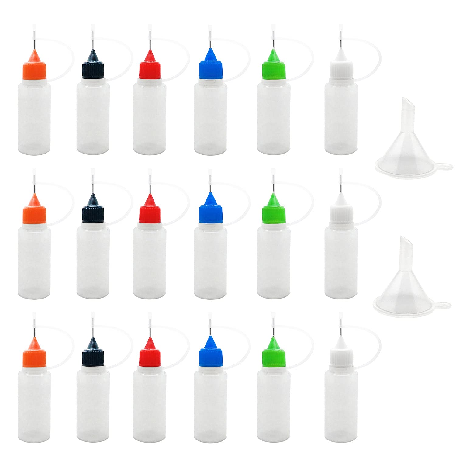 18-Piece Precision Tip Applicator Bottles Set - 0.5oz Translucent Glue Bottles with 2 Funnels & Multi-Colored Lids for Crafts, DIY Projects, Nail Art, and Model Making
