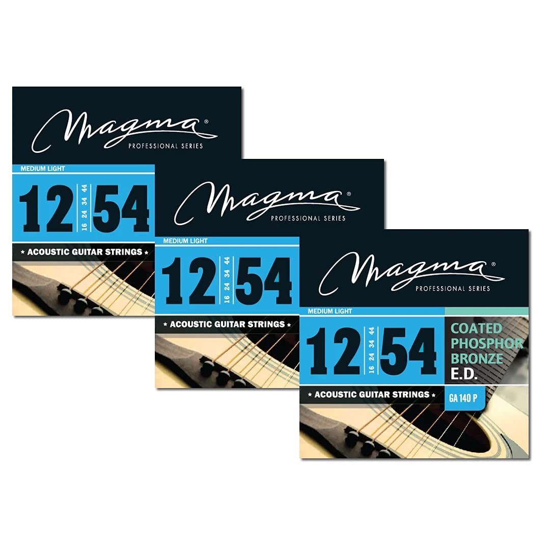 Magma Medium Light Acoustic Guitar Strings 12-54 Gauge - Coated Phosphor Bronze for Warm Tone - 3-Pack String Sets (.012