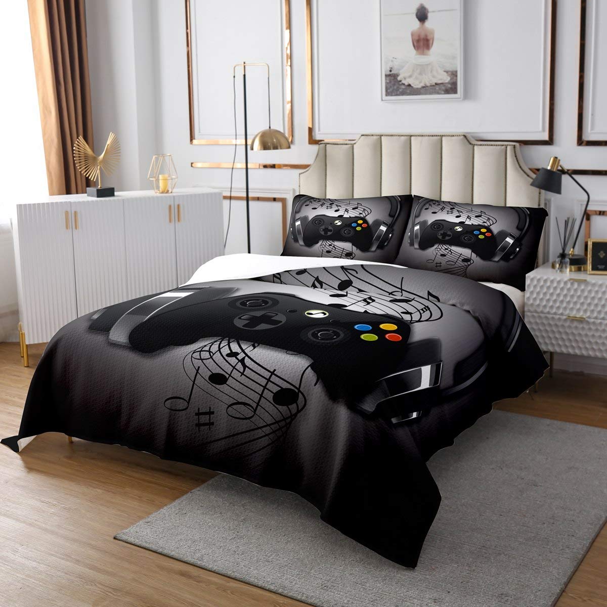 Cool Retro Gaming Bedding Set - Black & Grey Headphones & Gamepad Design Twin Quilt for Boys & Kids - Soft Video Game Themed Bedspread & Coverlet - Perfect for Gamer Room Decor, Sleepovers & Gaming Enthusiasts
