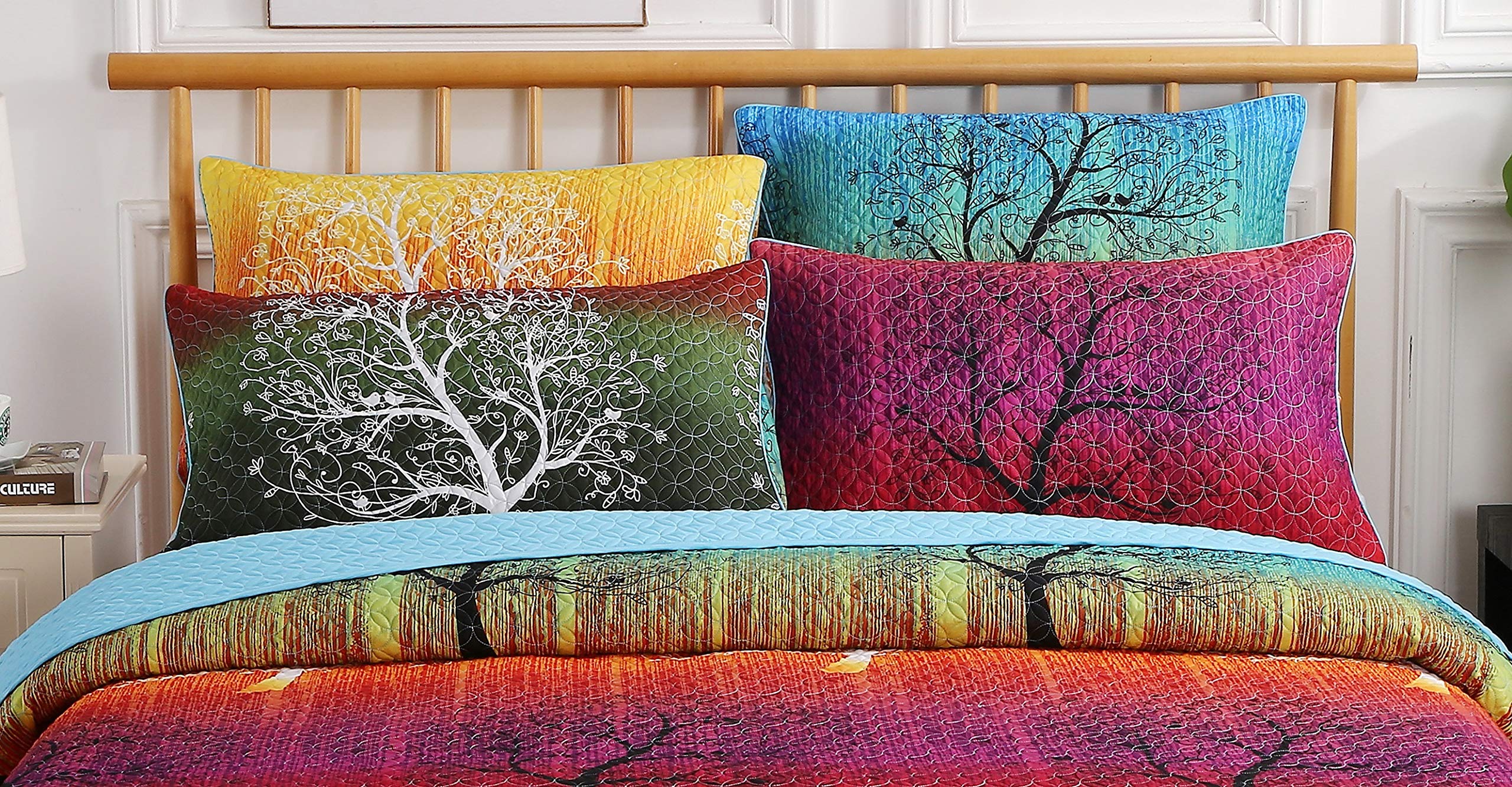 Rainbow Tree Pillow Shams Queen Size - Soft Quilted Yellow Decorative Pillowcases for Bedroom Decor, Living Room Accent Pillows