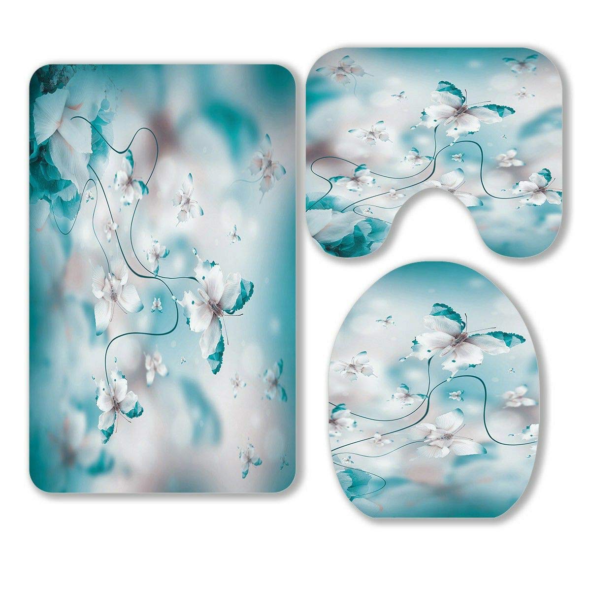 Beautiful 3-Piece Butterfly Fairy Bathroom Rug Set with Hydrangeas & Iris Design - Non-Slip Contour Mat & Toilet Lid Cover - Perfect for Bathroom Decor, Guest Bathrooms & Cozy Home Upgrades