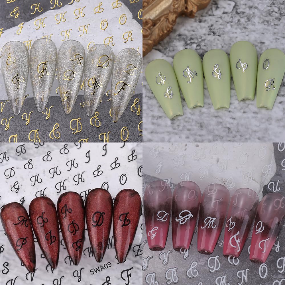 3D Old English Letter Nail Stickers - 8 Sheets Gold Silver Black White Retro Nail Decals for Women & Girls Manicure