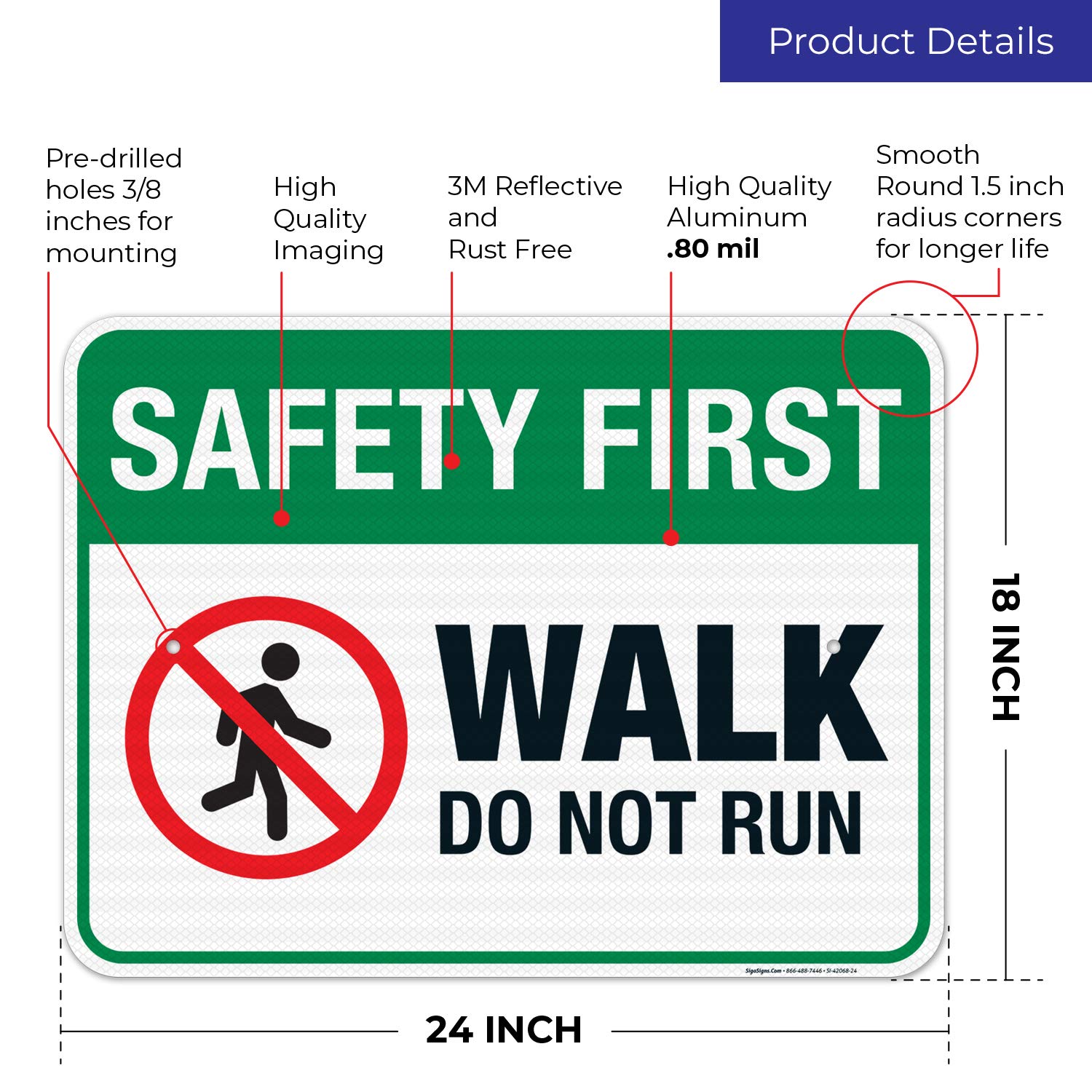 3M EGP Reflective Aluminum Safety Sign - 18x24 Inch 'Walk Don't Run' Pool Warning Sign | .080 Thick Fade-Resistant Metal | Indoor/Outdoor Use | Made in USA | Perfect for Swimming Pools, Water Parks & Public Areas