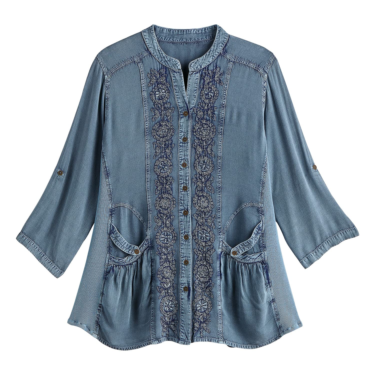 FLORIANA Women's Floral Embroidered Tunic Top with Enzyme Wash Finish | 3/4 Sleeve Blouse | Casual Summer Wear for Beach, Office & Date Night