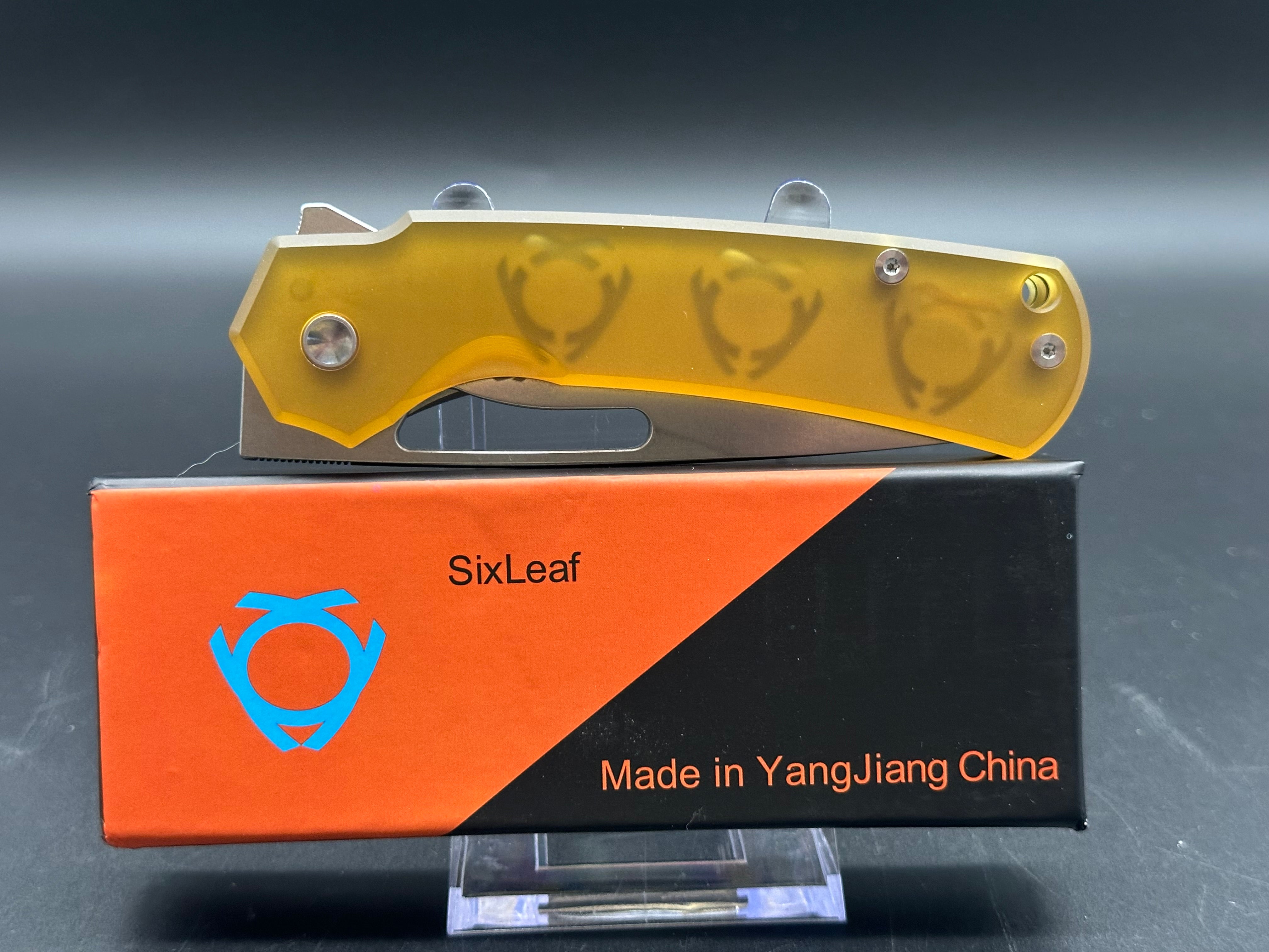 SixLeaf Folding Knife - Yellow PEI Handle, 20CV Steel Plain Edge (Model SL 25 PEI) - Perfect for Camping, Hiking & Everyday Carry (EDC)