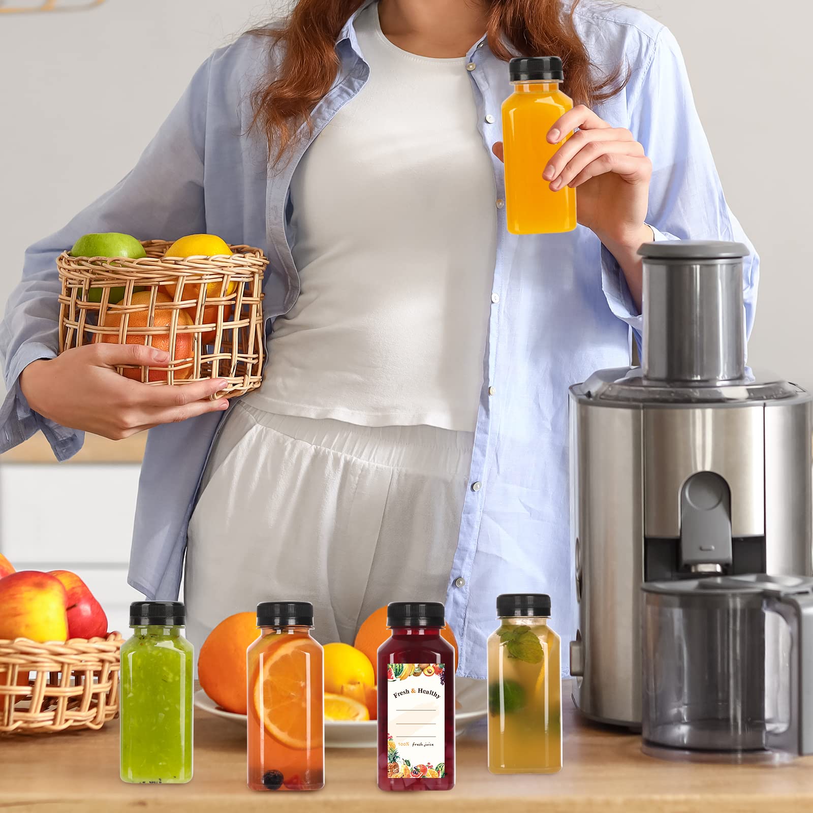 Moretoes 50-Pack 8oz Plastic Juice Bottles with Lids - Clear Reusable Beverage Containers for Juicing, Smoothies, Milkshakes, Tea & Drinks - Perfect for Home, Cafes, Juice Bars & Meal Prep