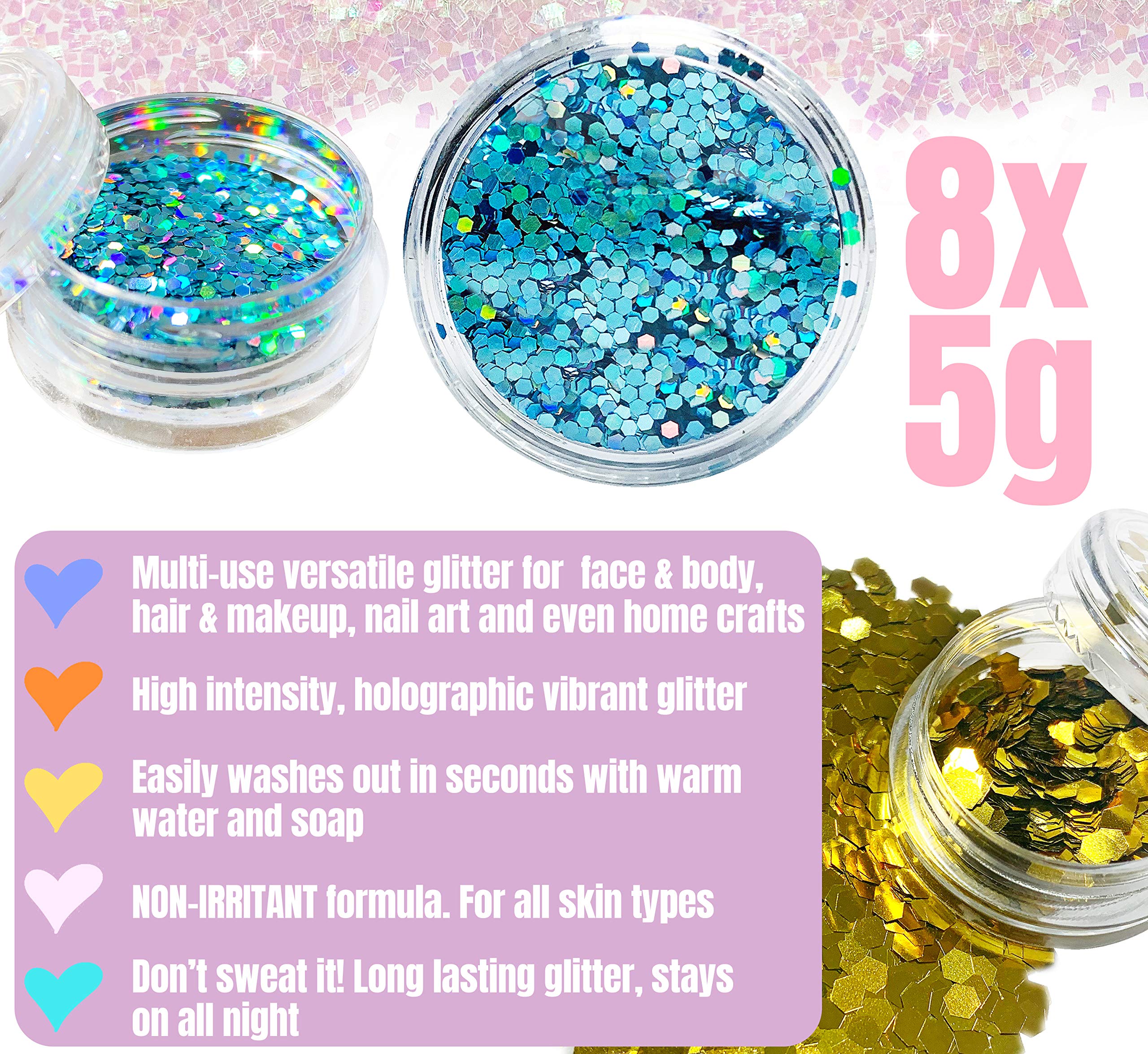 8-Piece Glitter Makeup Set | Shimmer Body Glitter for Halloween & Festivals | UK Company | Perfect for Costume Parties, Raves & Cosplay