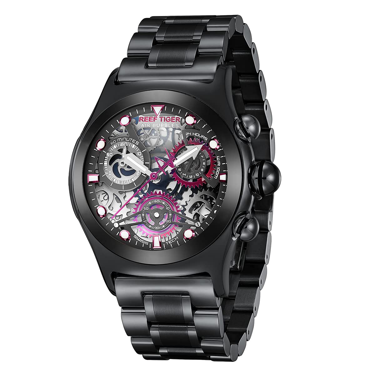 REEF TIGER Men's Skeleton Automatic Sports Watch - Luminous PVD Stainless Steel Bracelet, Waterproof Mechanical Watch RGA792 for Outdoor Activities & Casual Wear