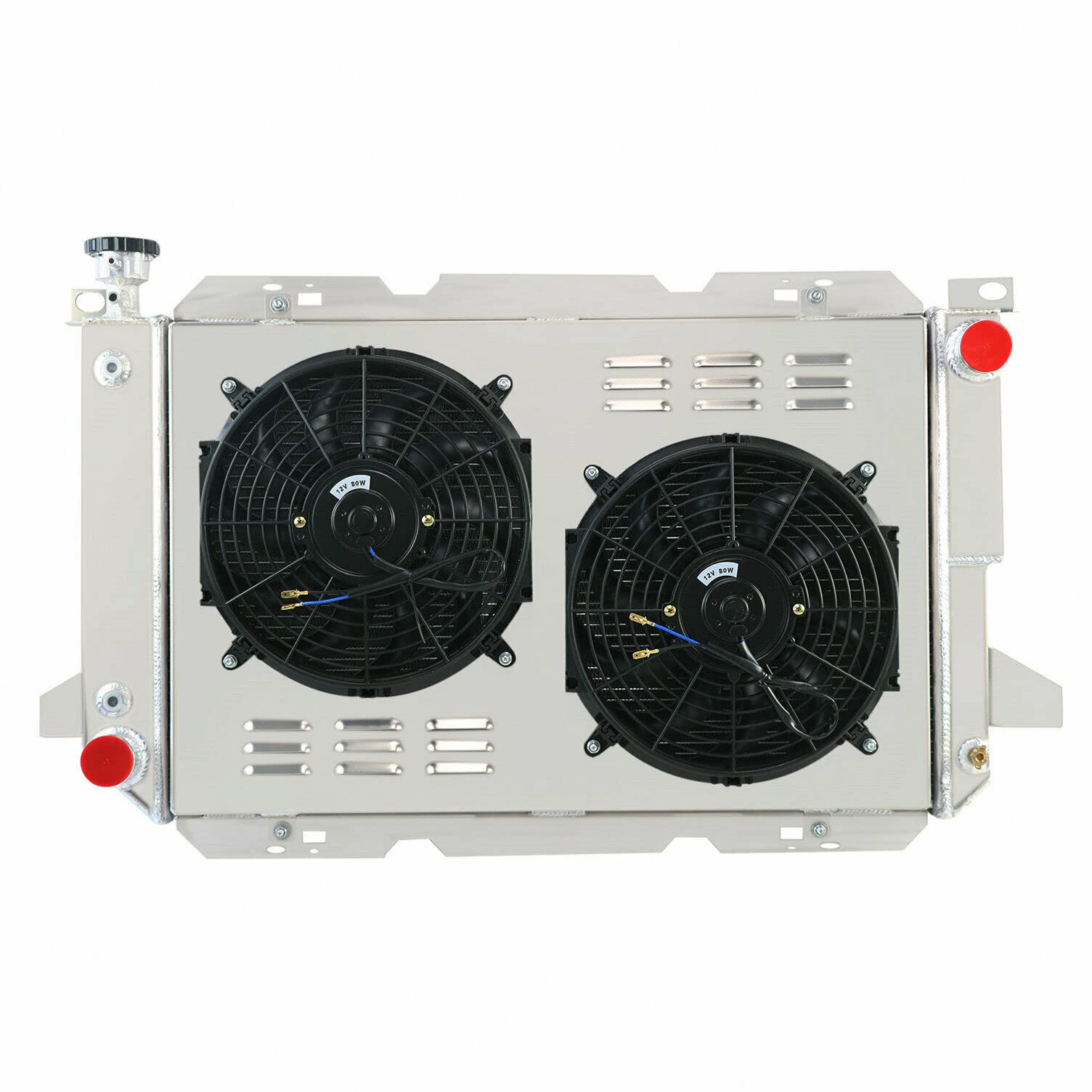 4 Row Aluminum Radiator Shroud Fan Kit for 1985-1997 Ford Bronco F150 F250 F350 F53 Pickup Truck 5.0L 5.8L 7.5L V8 - Includes Thermostat - Perfect for Off-Roading, Towing & High-Performance Cooling