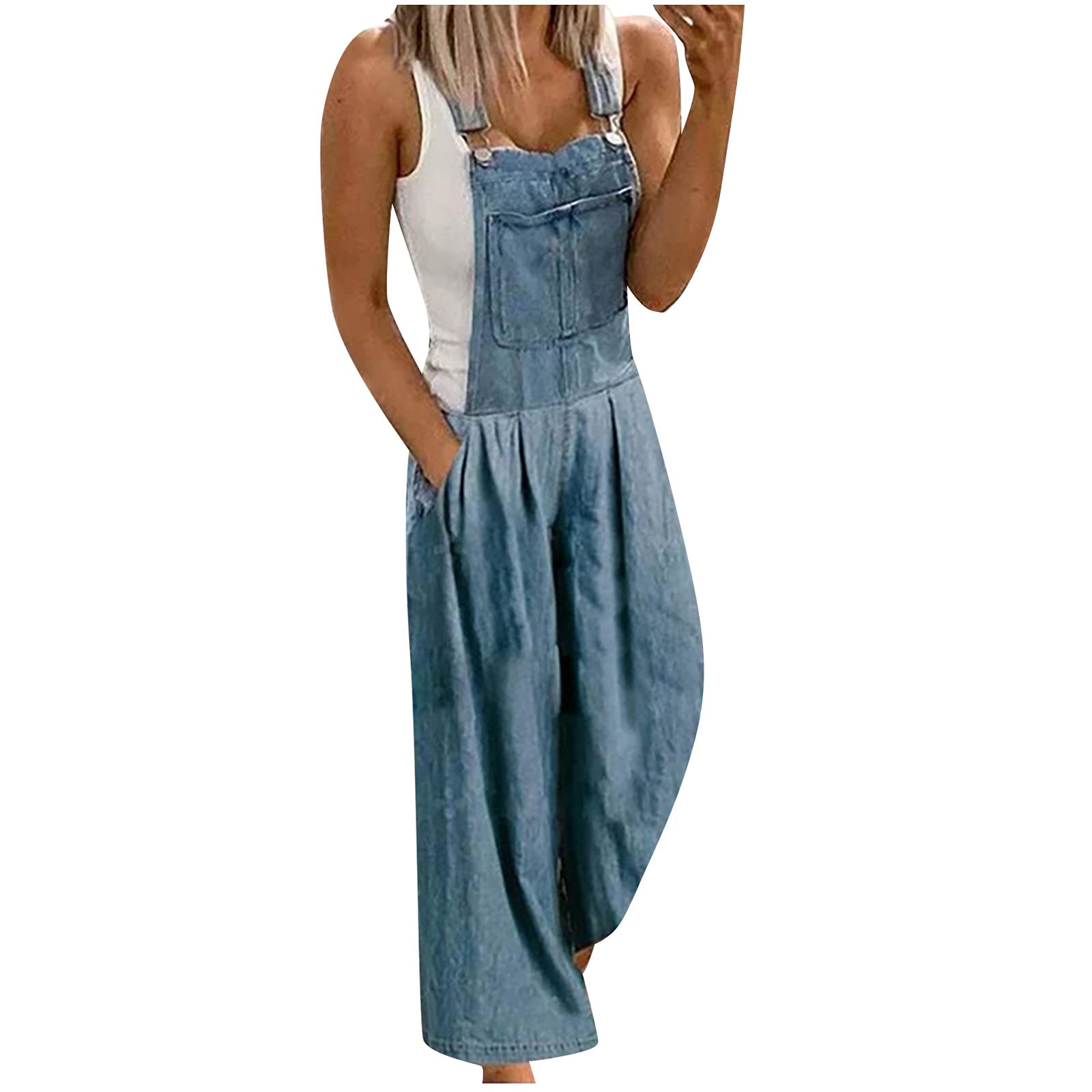 Women's Denim Bib Overalls - Loose Fit Long Jumpsuit with Wide Leg & Casual Style | Cotton Romper for Everyday Wear, Farm Work, or Vintage Fashion