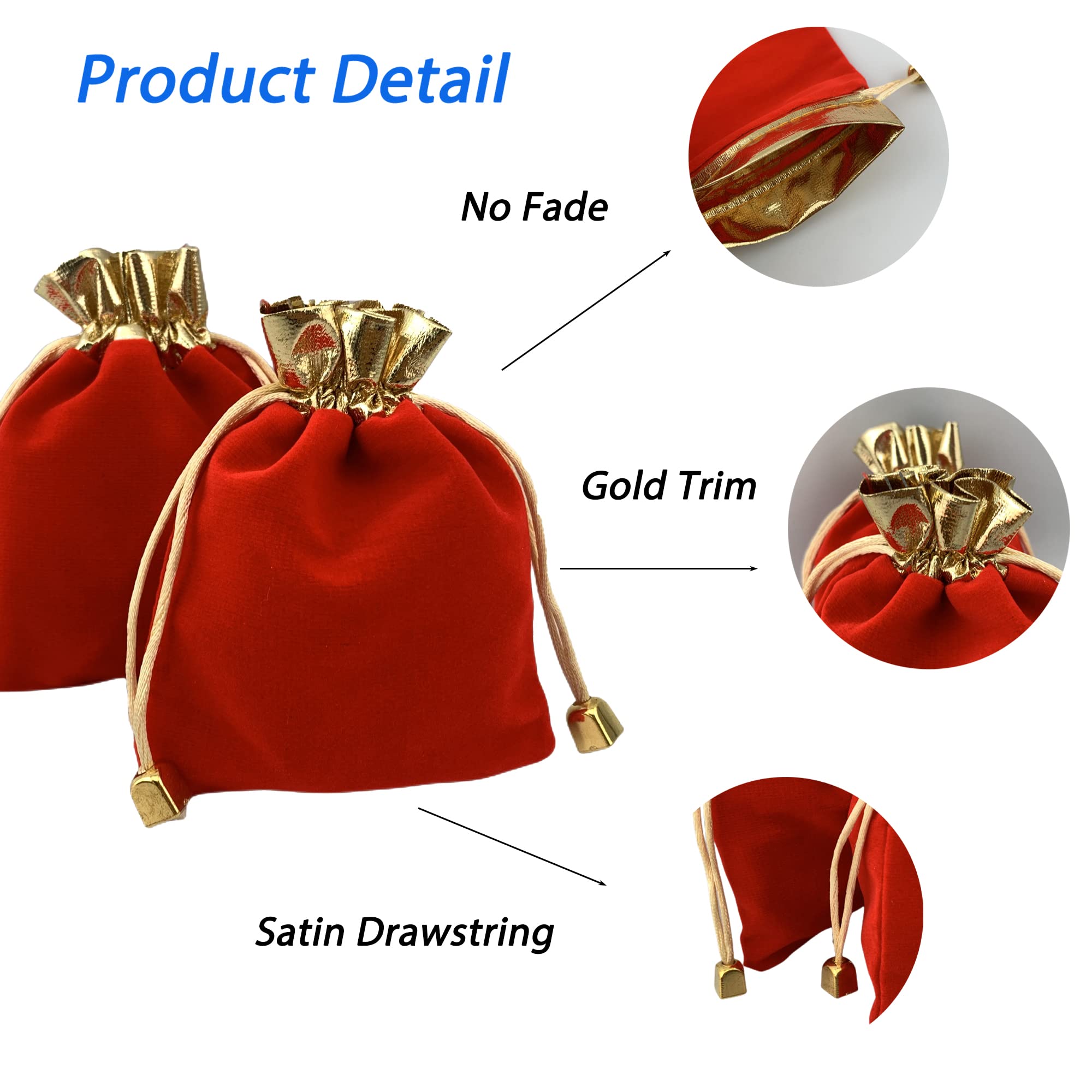 Palmhomee Velvet Drawstring Gift Bags - 5x6 Inch Red with Gold Trim (Pack of 12) - Perfect for Jewelry, Party Favors, Wedding Decor & Holiday Gifts