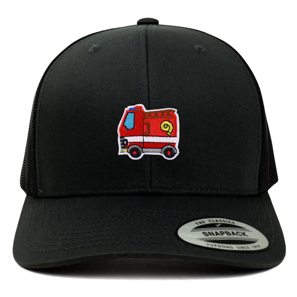 Trendy Apparel Shop Fire Truck Patch 6 Panel Retro Trucker Mesh Cap - Vintage Style Hat for Outdoor Adventures and Casual Streetwear
