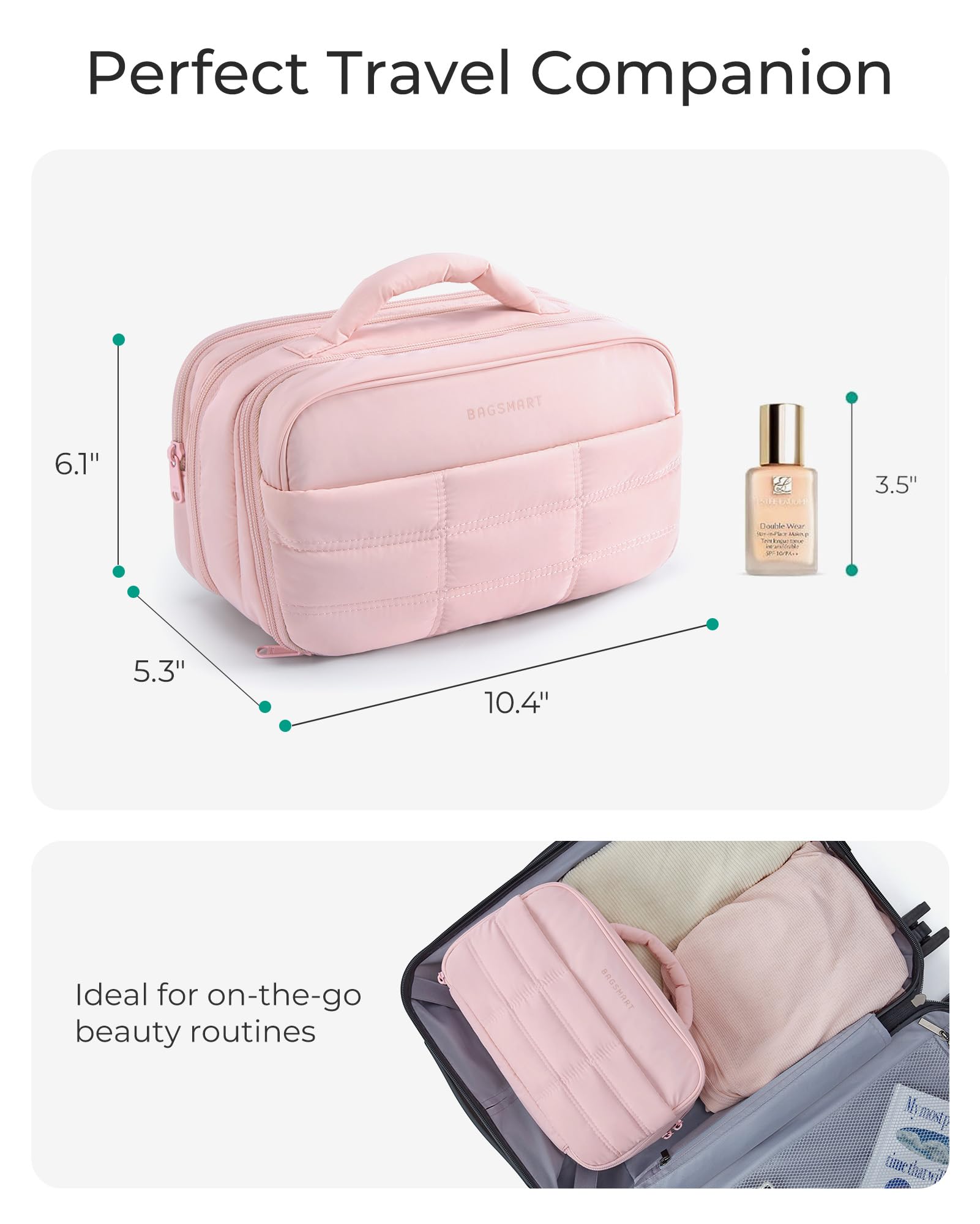 BAGSMART Women's Travel Toiletry Bag - Large Capacity Makeup Organizer with Wide Opening for Cosmetics, Brushes & Travel-Size Bottles - Perfect for Vacation, Gym & Business Trips (Pink)