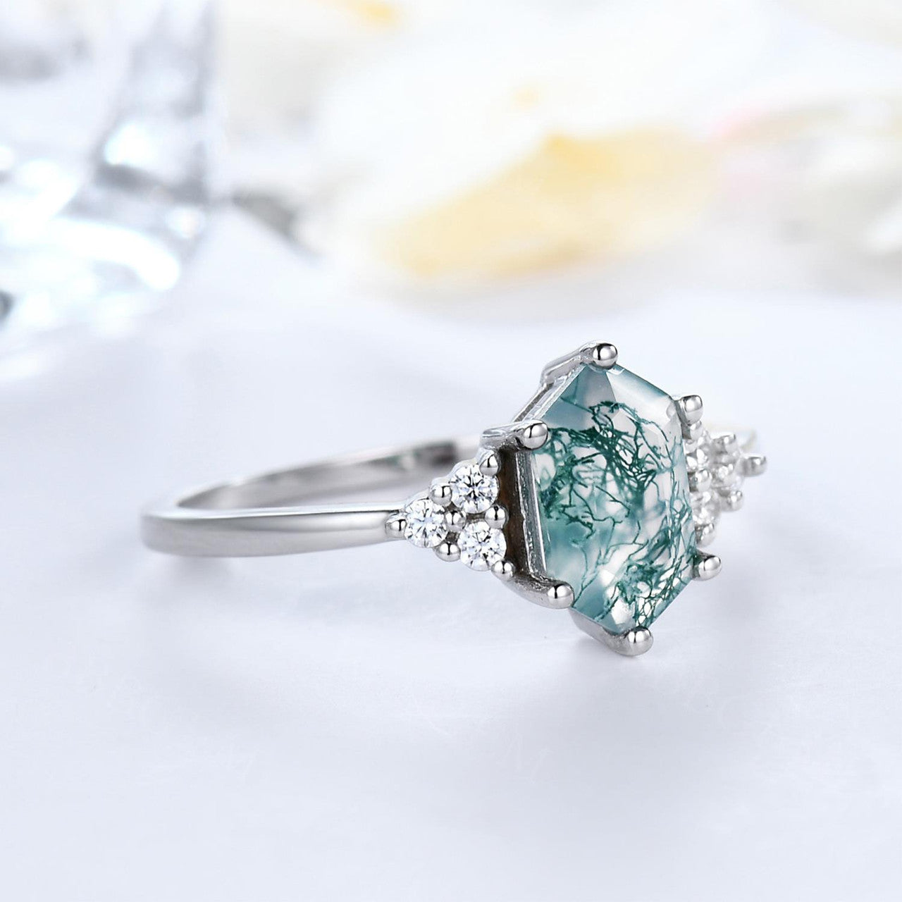 Long Hexagon Cut Moss Agate Engagement Ring with Cluster Diamond Accents - Green Crystal Elongated White Gold Wedding Band for Women | Perfect for Proposals, Anniversaries & Romantic Occasions