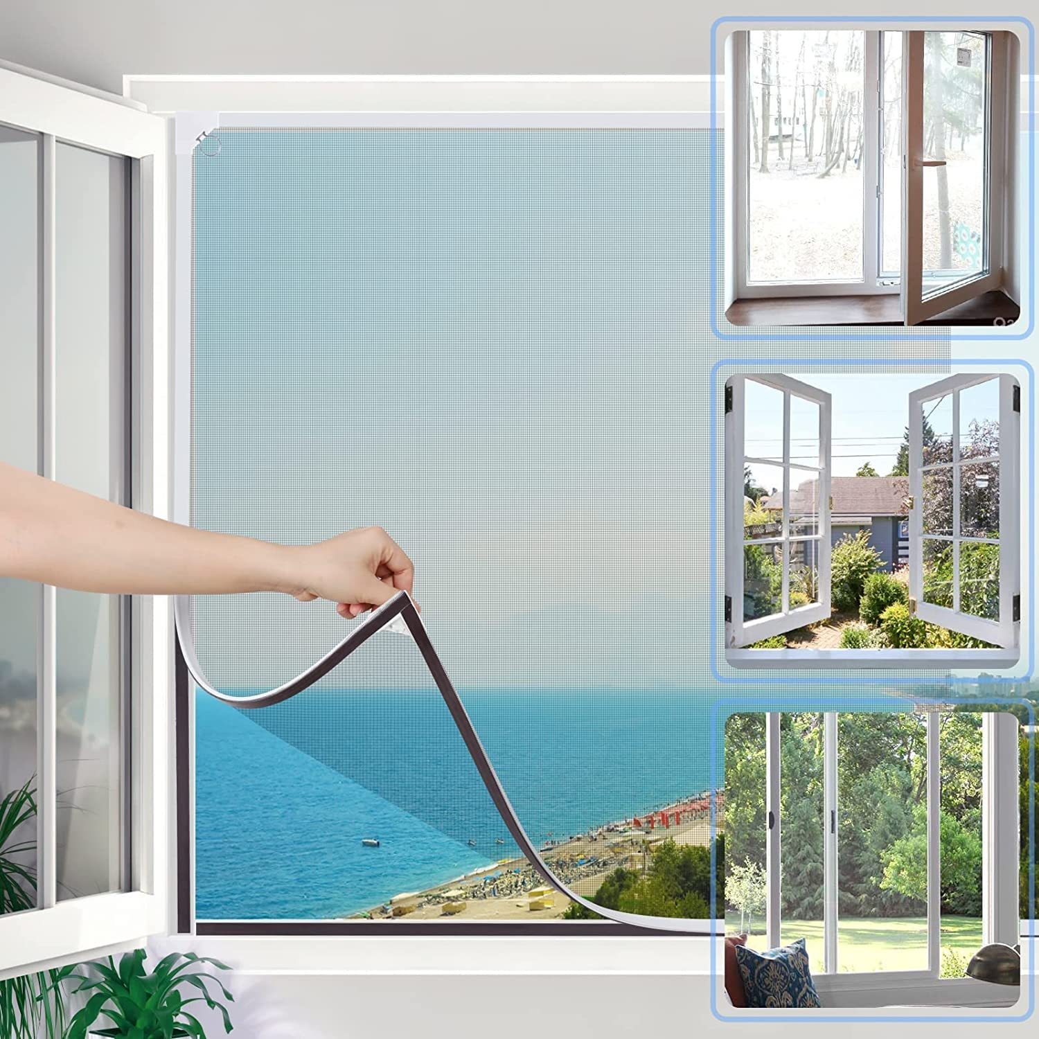 Adjustable DIY Magnetic Window Screen - Black Frame, Fire-Retardant Mesh - Fits Any Window Size (200x200cm, White Frame/Grey Net) - Perfect for Home, Apartment, RV, and Office Ventilation