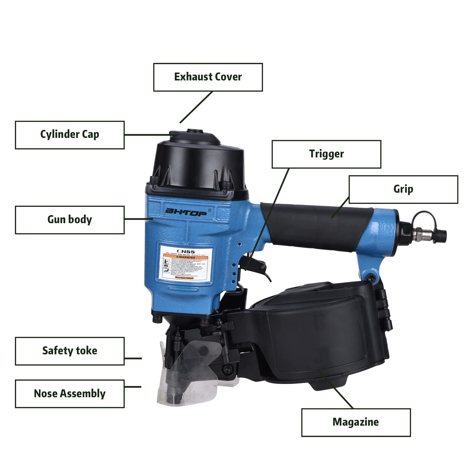 BHTOP CN55N 15 Degree Pneumatic Coil Nail Gun - Professional 1-1/4