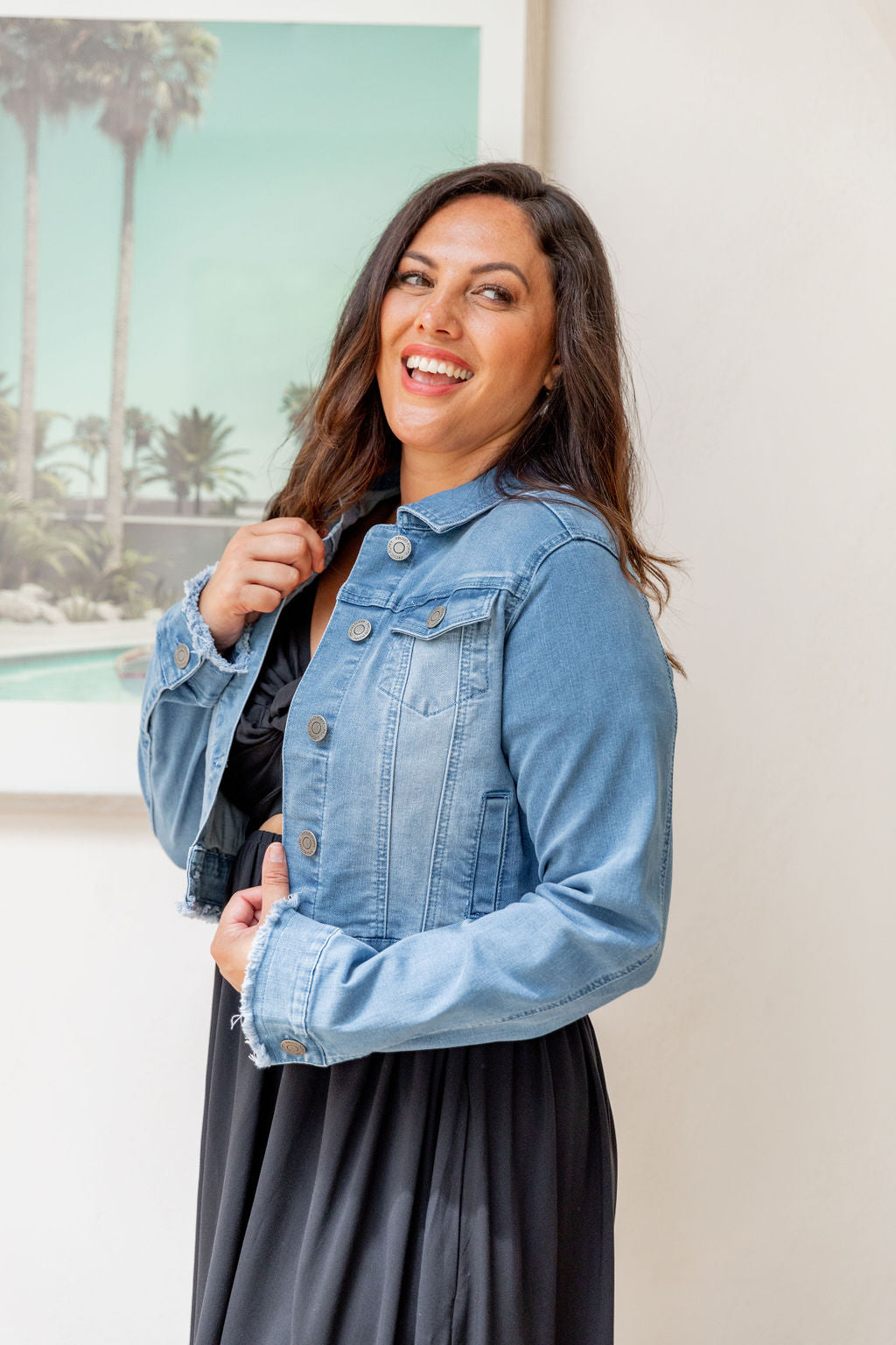 Kenzie Crop Denim Jacket for Women - Stylish Distressed Light Blue Denim Jacket - Perfect for Spring Outfits & Casual Streetwear