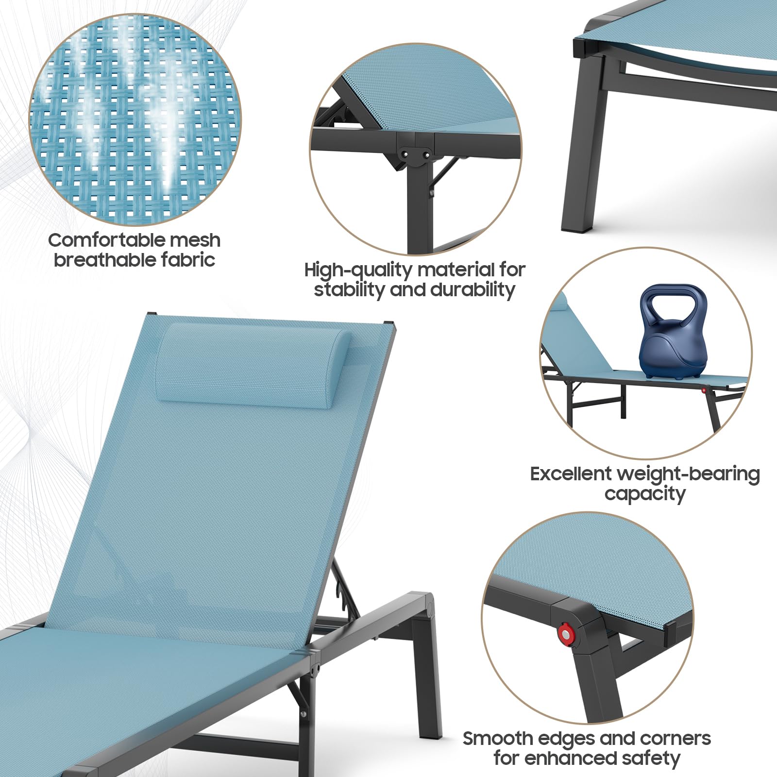 WOAJN 2-Pack Aluminum Patio Chaise Lounge Chairs - 5-Position Adjustable Backrest, Foldable Outdoor Poolside Chairs for Deck, Beach, Lawn & Backyard - Lightweight & Durable (Blue) | Perfect for Sunbathing, Relaxing by the Pool or Beach Vacation