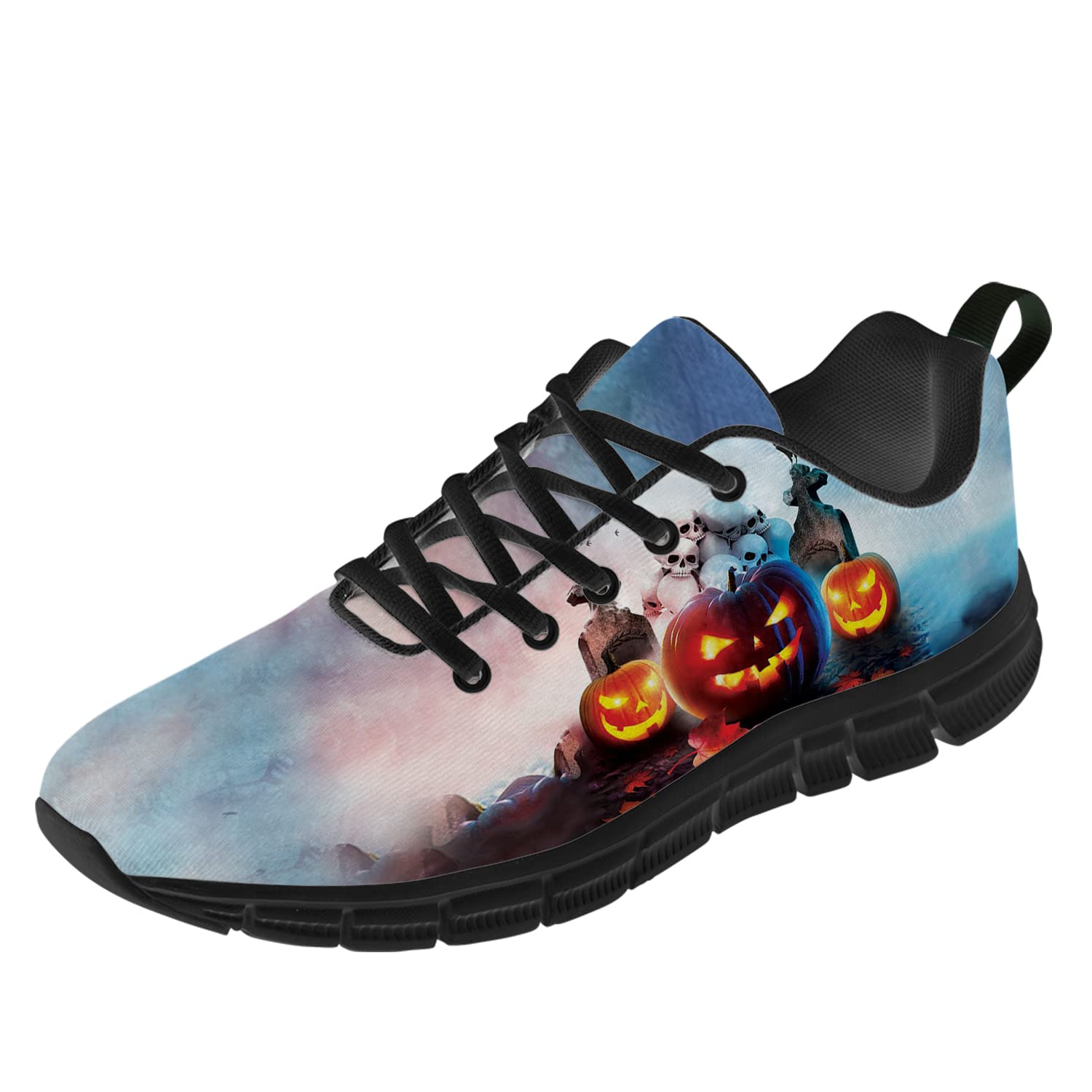 Halloween Themed Men's & Women's Running Shoes - Scary Pumpkin Lantern Skull Design Sneakers for Walking, Tennis & Jogging - Comfortable Gifts for Friends & Family - Men Size 9/Women Size 10.5 in Blue & White - Perfect for Halloween Parties, Costume Events & Spooky Night Runs