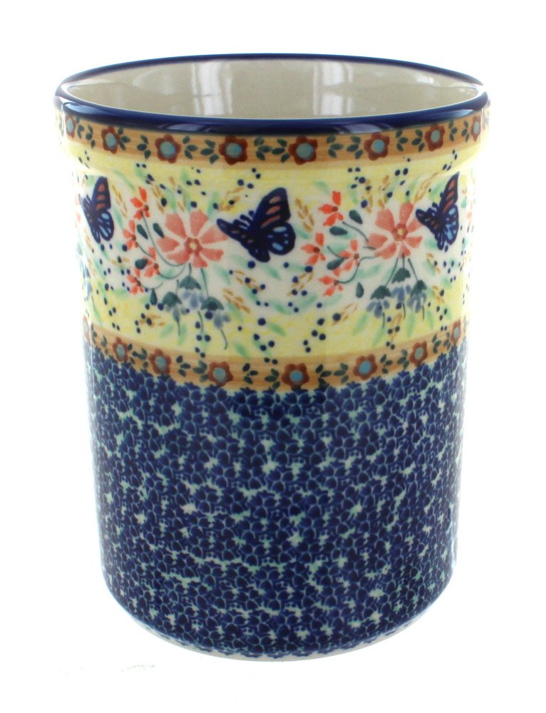 Handmade Blue Rose Polish Pottery Utensil Jar with Butterfly Design - Perfect for Kitchen Storage & Home Decor