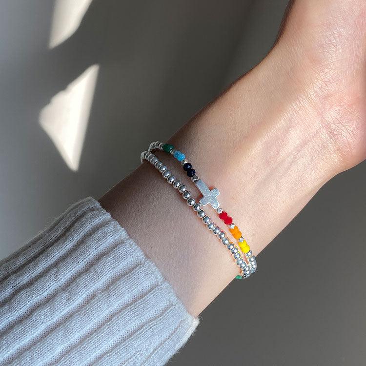 925 Sterling Silver Rainbow Cross Bracelet for Women - Dainty & Elegant Jewelry for Everyday Wear, Gift Giving & Religious Occasions