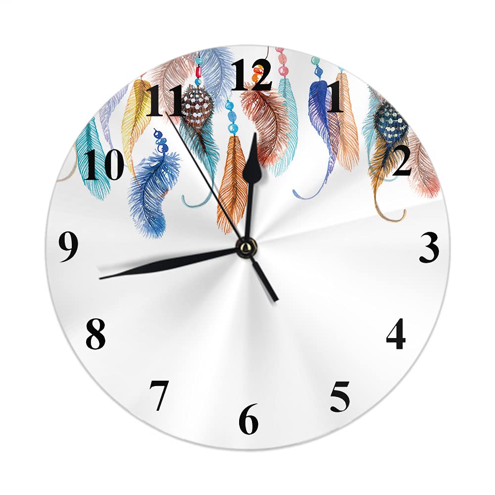 WONDERTIFY 10 Inch Feather Wall Clock - Bohemian Dreamcatcher Design with Colorful Bird Wing Sketch, Silent Non-Ticking Battery Operated Round Clock for Living Room, Bedroom & Office Decor
