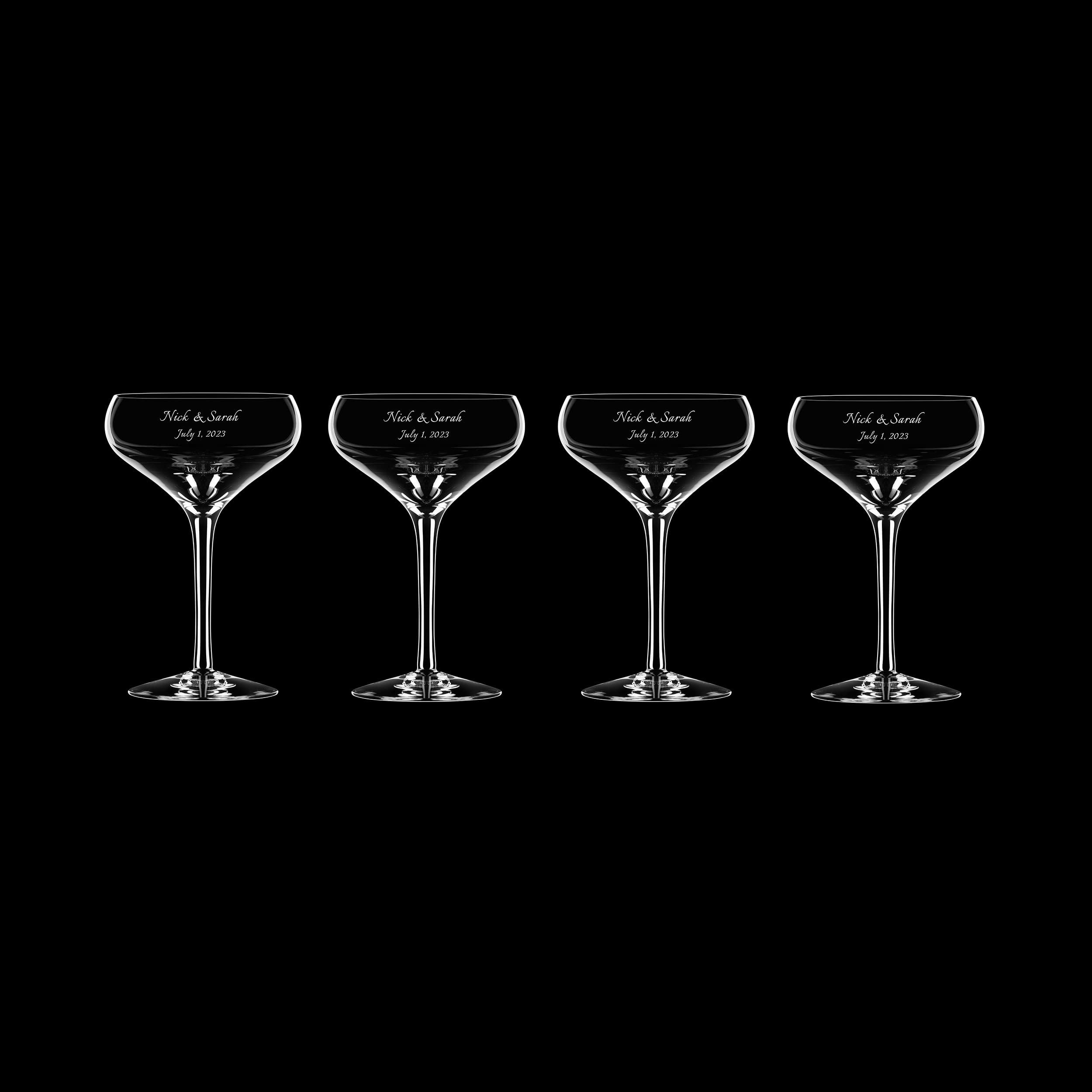 Personalized Orrefors 7oz Crystal Coupe Glasses Set of 4 - Custom Engraved Champagne Glasses for Cocktails, Wedding, Anniversary & Birthday Gifts - Perfect for Celebrations, Housewarming & Elegant Entertaining
