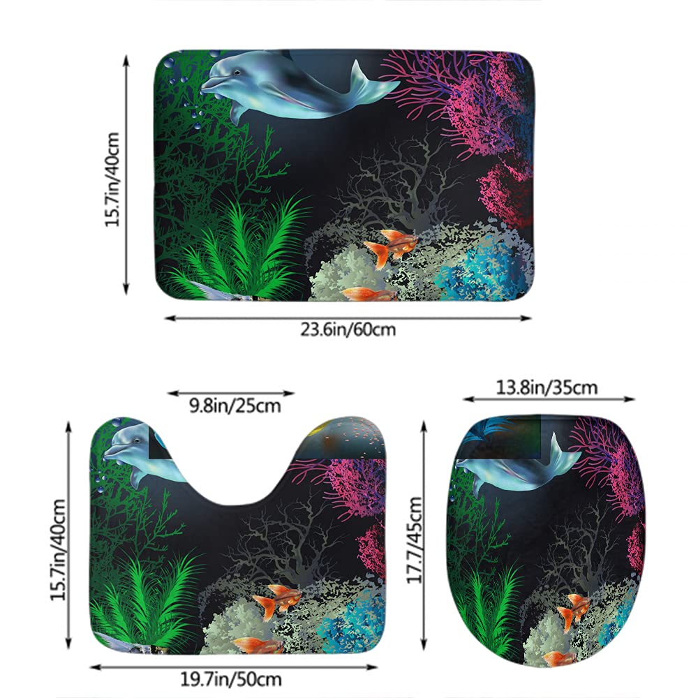 WONDERTIFY Non-Slip Bathroom Rug Set - 3 Piece Ocean Theme (Bath Mat, Contour Mat & Toilet Lid Cover) with Dolphin, Coral & Fish Design | Waterproof, Soft & Safe for Kids & Adults | Perfect for Beach House, Coastal Decor or Nautical Bathroom