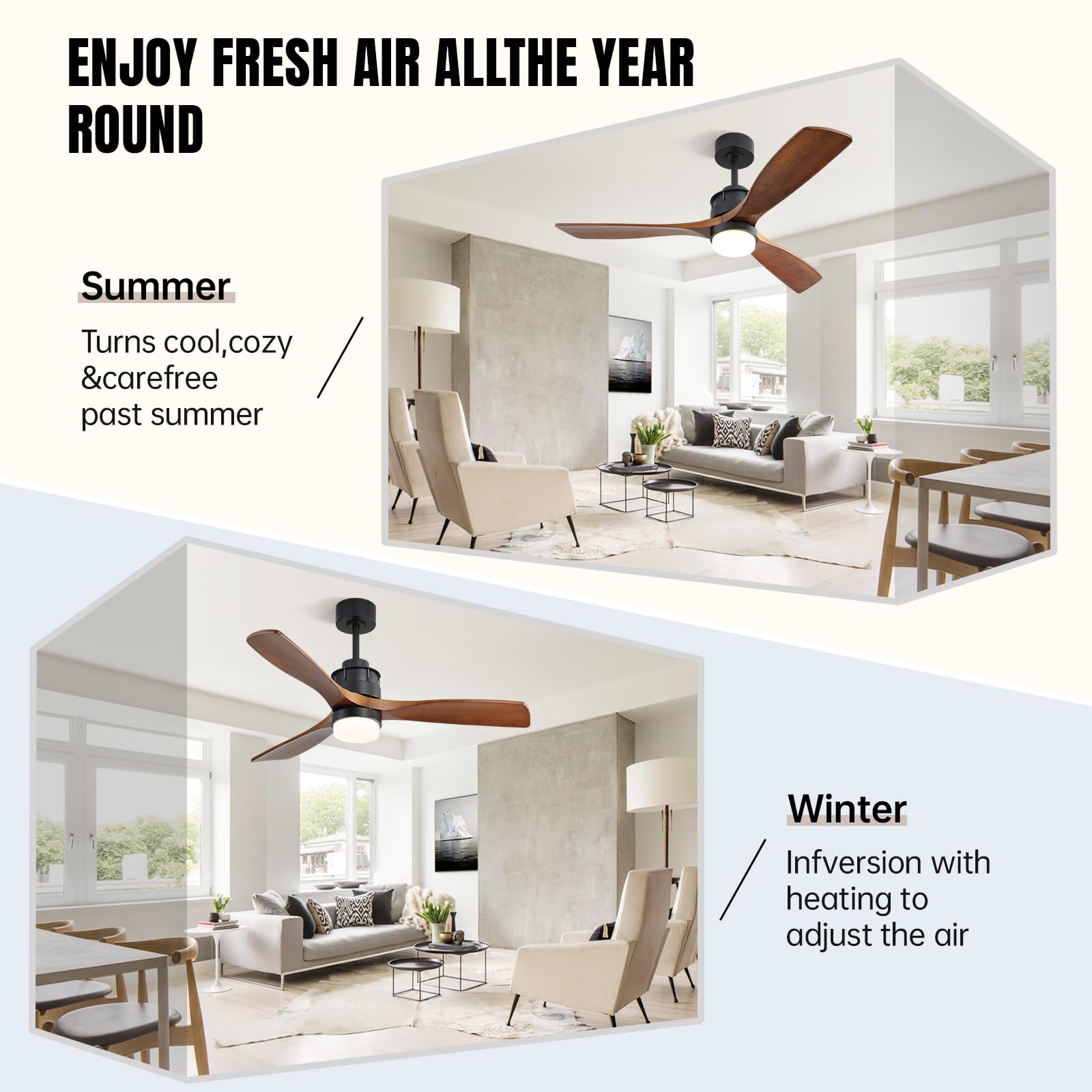60 Inch Walnut Wood Ceiling Fan with Light and Remote Control - Large Outdoor Ceiling Fan for Covered Patios, Porch, Garage, Farmhouse - Perfect for Cooling and Decorating Your Outdoor Living Spaces