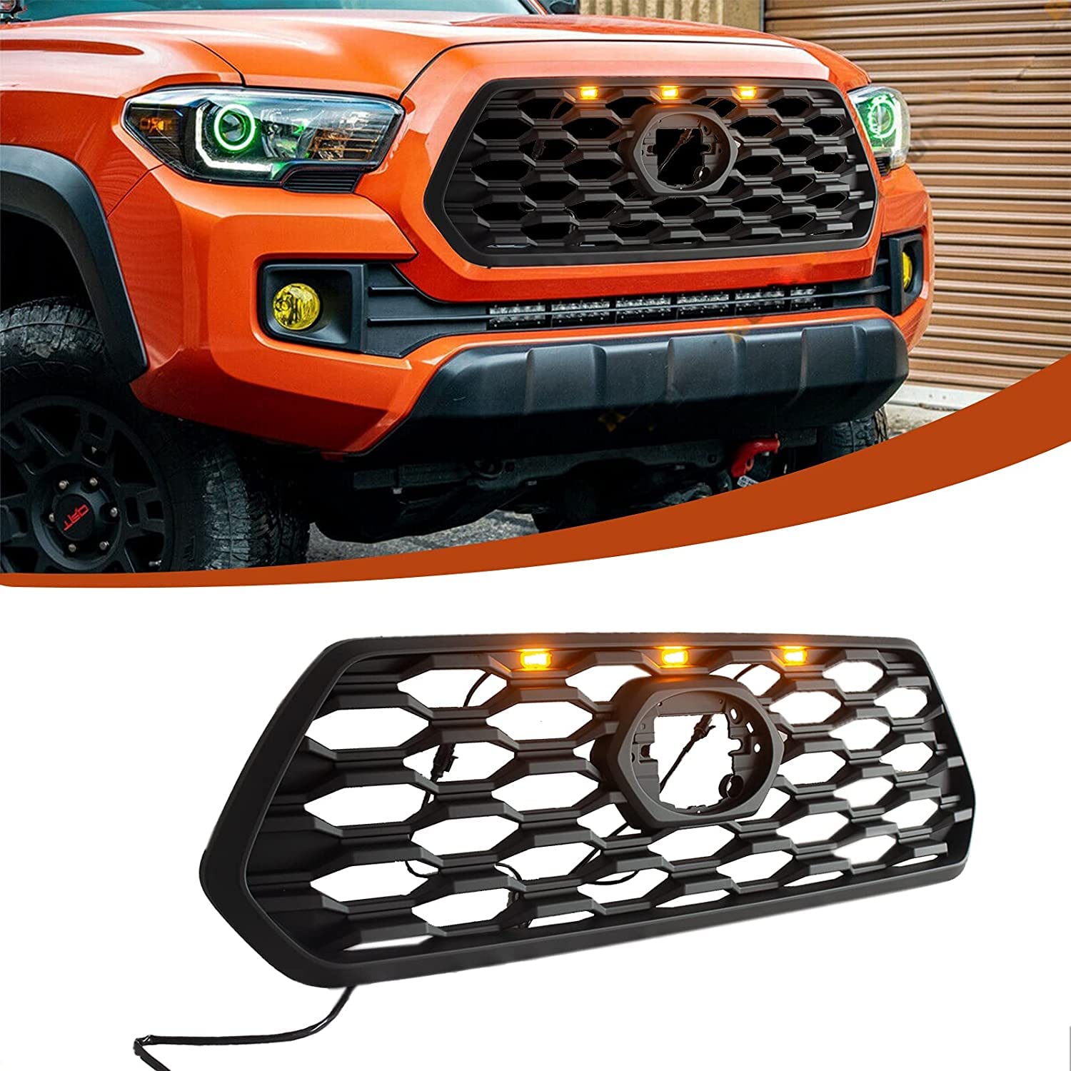 Honeycomb Style Front Replacement Grill for 2016-2023 Toyota Tacoma - Matte Black Grille with 3 LED Amber Lights (No Logo) | Off-Road Upgrade & Custom Truck Accessory