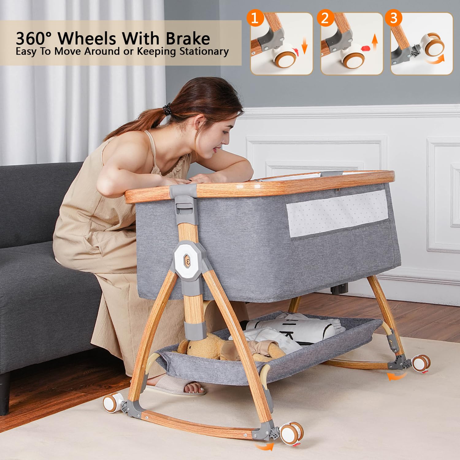 Adjustable Baby Bassinet Bedside Sleeper with Wheels & Mosquito Net - 6 Height Positions, 3-in-1 Portable Crib for Newborns, Infants & Toddlers (Light Grey) | Perfect for Nursery, Bedroom Co-Sleeping & Travel