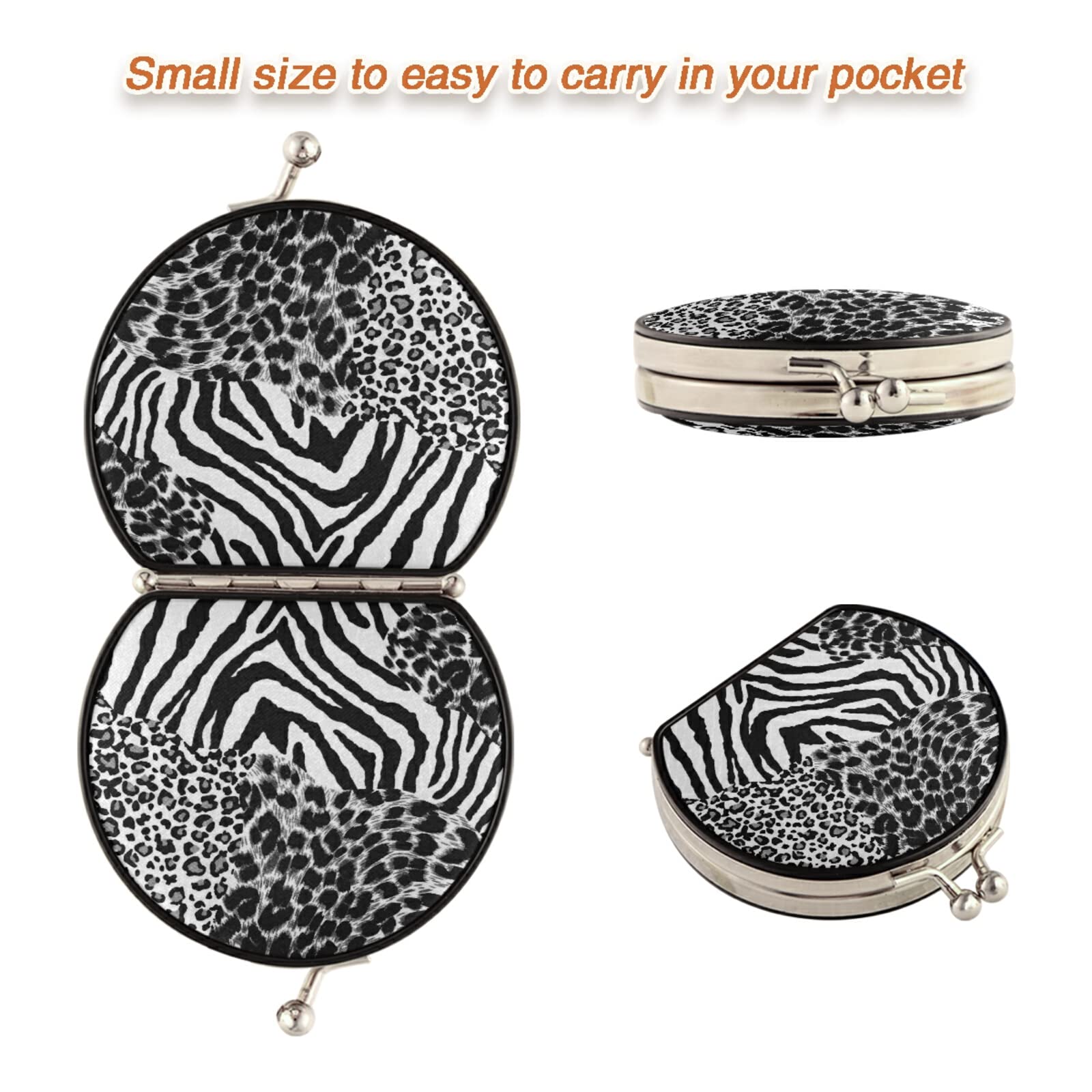 Black White Tiger Print Zebra Skin Leopard Texture Animal Skin Compact Makeup Mirror - Twin-Sided Cosmetic Mirror with 1x & 2x Magnification - Buckle Folding Mini Pocket Portable Hand Mirror for Travel, Purse & Vanity Use