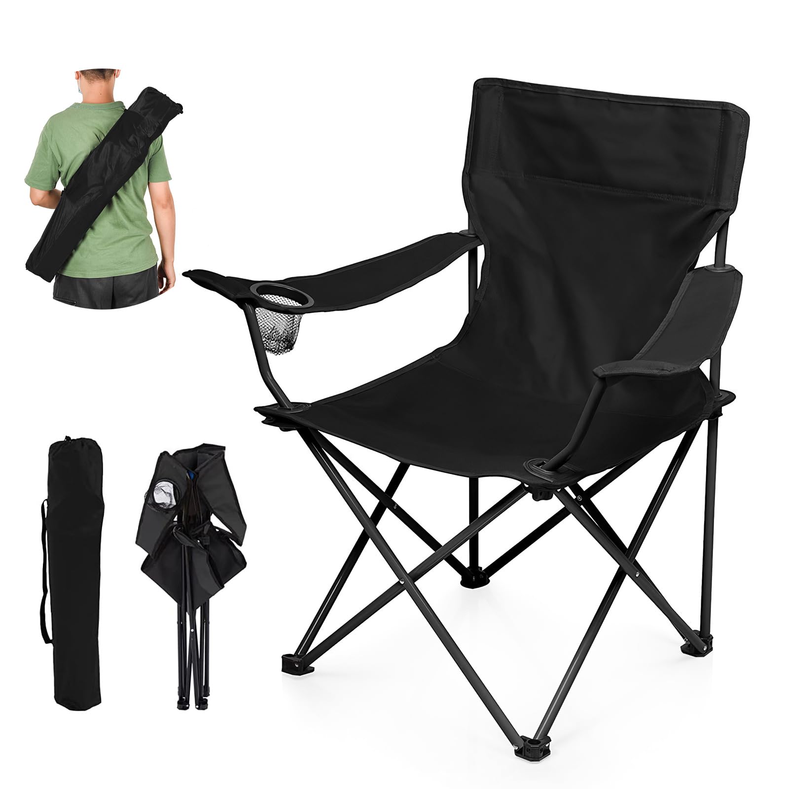 Heavy Duty Camping Chairs for Adults - Portable Folding Chair with Cup Holder & Carry Bag, 300Lbs Weight Capacity - Perfect for Beach, Lawn, Backyard, Hiking & Outdoor Activities