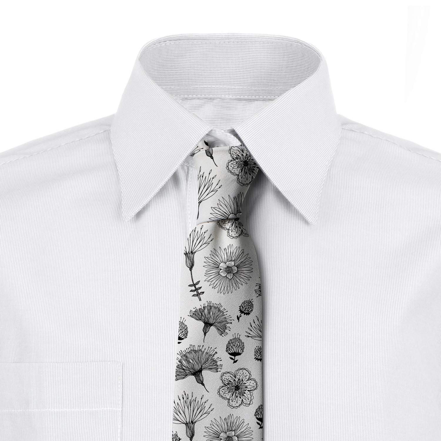 Ambesonne Floral Necktie - Elegant Charcoal Grey & White Flower Sketch Design - 3.7