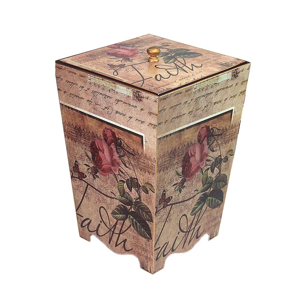 Quoqunshop Vintage Wooden Trash Can with Lid - American Country Style Wastebasket for Living Room, Bedroom, Office & Kitchen - Eco-Friendly Recycling Bin for Home Decor & Storage (Color: F) | Perfect for Farmhouse, Rustic & Retro Interior Design