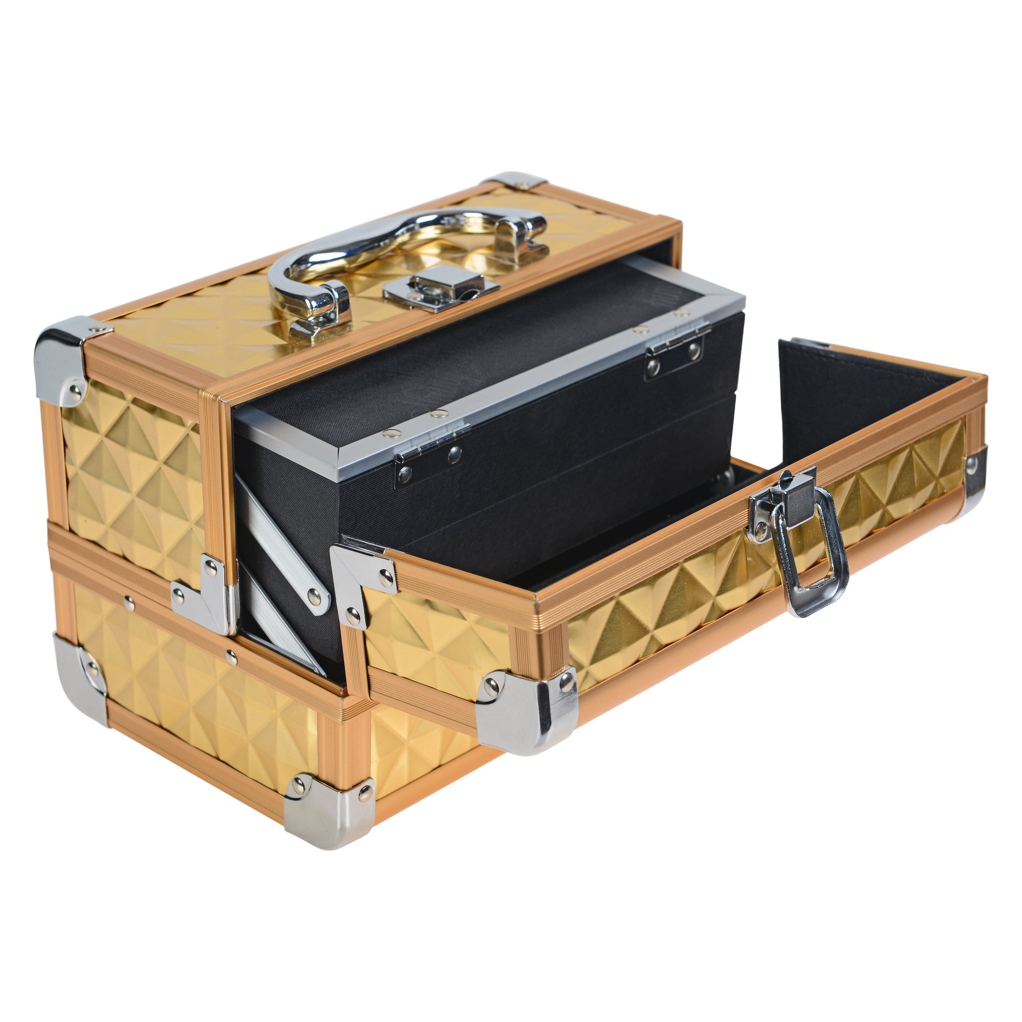 SHANY Professional Makeup Train Case - Portable Cosmetic Organizer with Lock, Multi-Trays & Mirror - Jewelry & Beauty Storage Box - Golden House - Perfect for Travel, Salon & Home Use