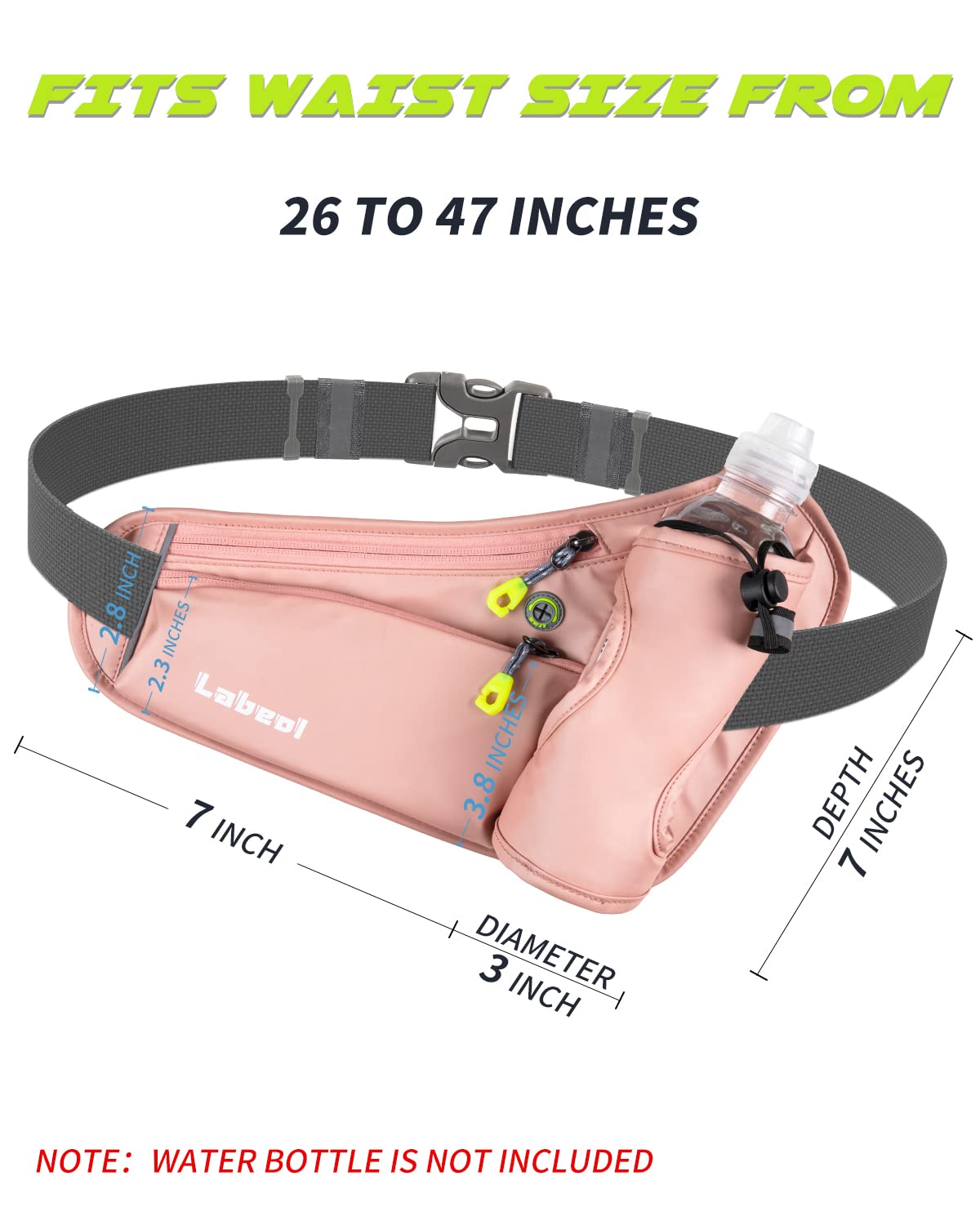 Labeol Adjustable Running Belt with Water Bottles - 2 Zipper Pockets Hydration Waist Pack for Men & Women - Lightweight Fanny Pack for Hiking, Jogging, Gym & Outdoor Activities (Pink)