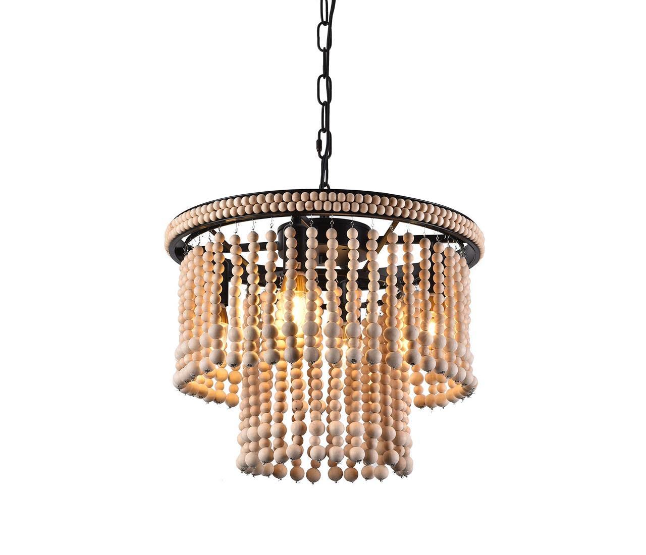 TFCFL 2 Tier Wood Beaded Chandelier - 4 Lights Boho Farmhouse Pendant Light, Vintage Handmade Rustic Semi Flush Mount Ceiling Fixture, Adjustable Hanging Light for Kitchen Island, Dining Room, Hallway & Living Room Decor
