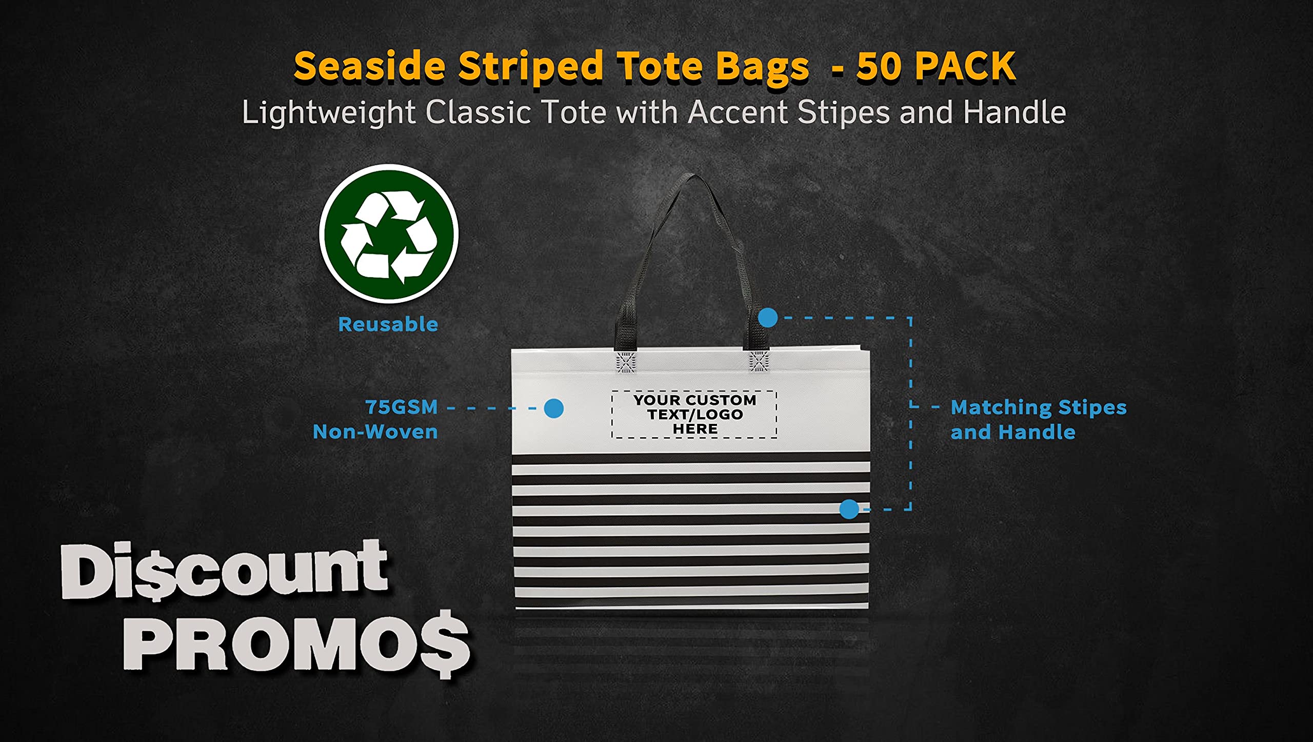 50 Pack Customizable Seaside Striped Tote Bags - Bulk Non-Woven Reusable Shopping Bags with Vibrant Prints for Beach, Grocery & Retail Use